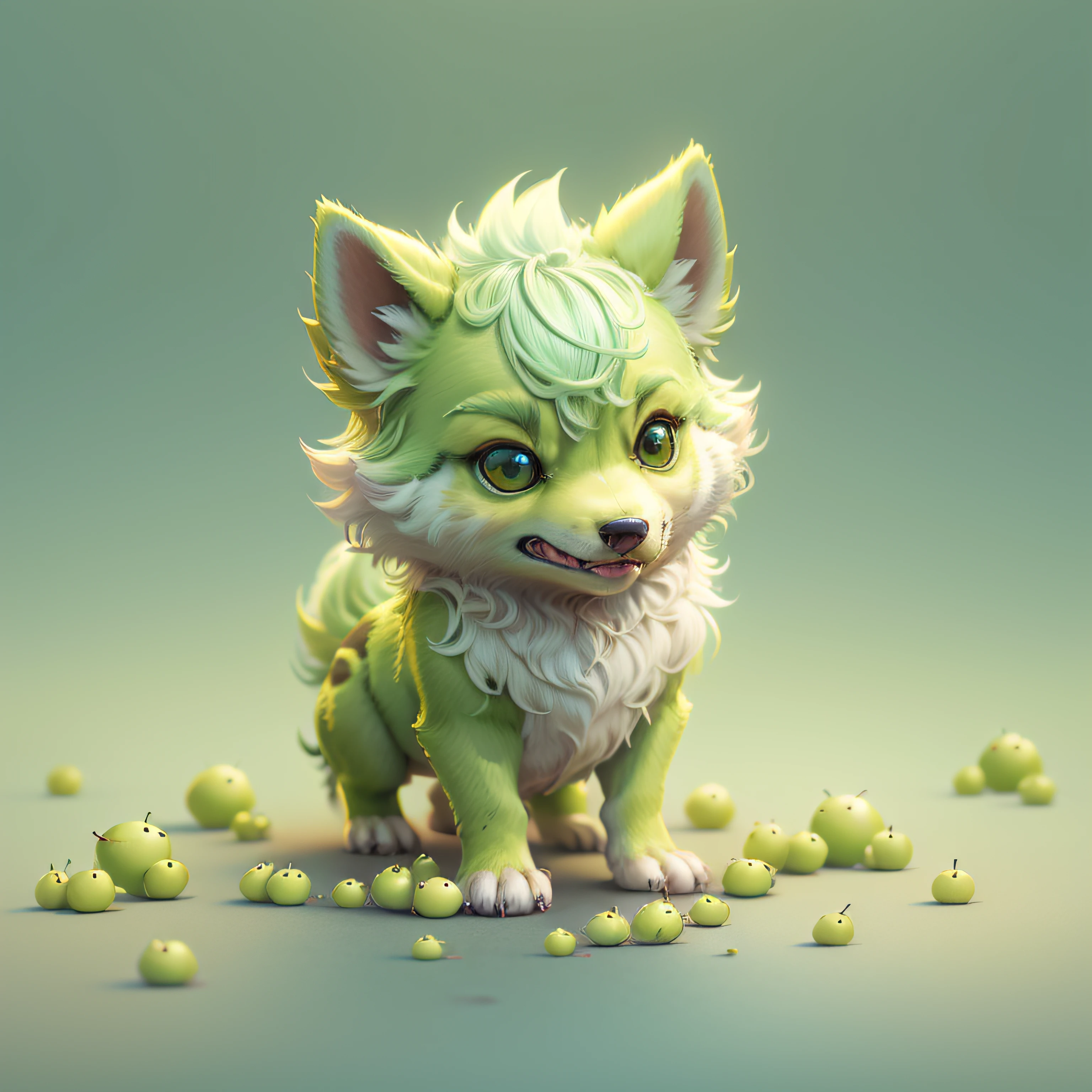 cute tiny hyper realistic anime lime green wolf chibi, adorable and cute, logo design, cartoon, cinematic lighting effect, lovely, 3d vector art, cute and quirky, fantasy art, bokeh, hand drawn, digital painting, soft lighting, style isometric, 4K resolution, photorealistic rendering, highly detailed clean, vector image, photorealistic masterpiece, professional photography, simple space backdrop, flat lime green background, vibrant isometric vectori