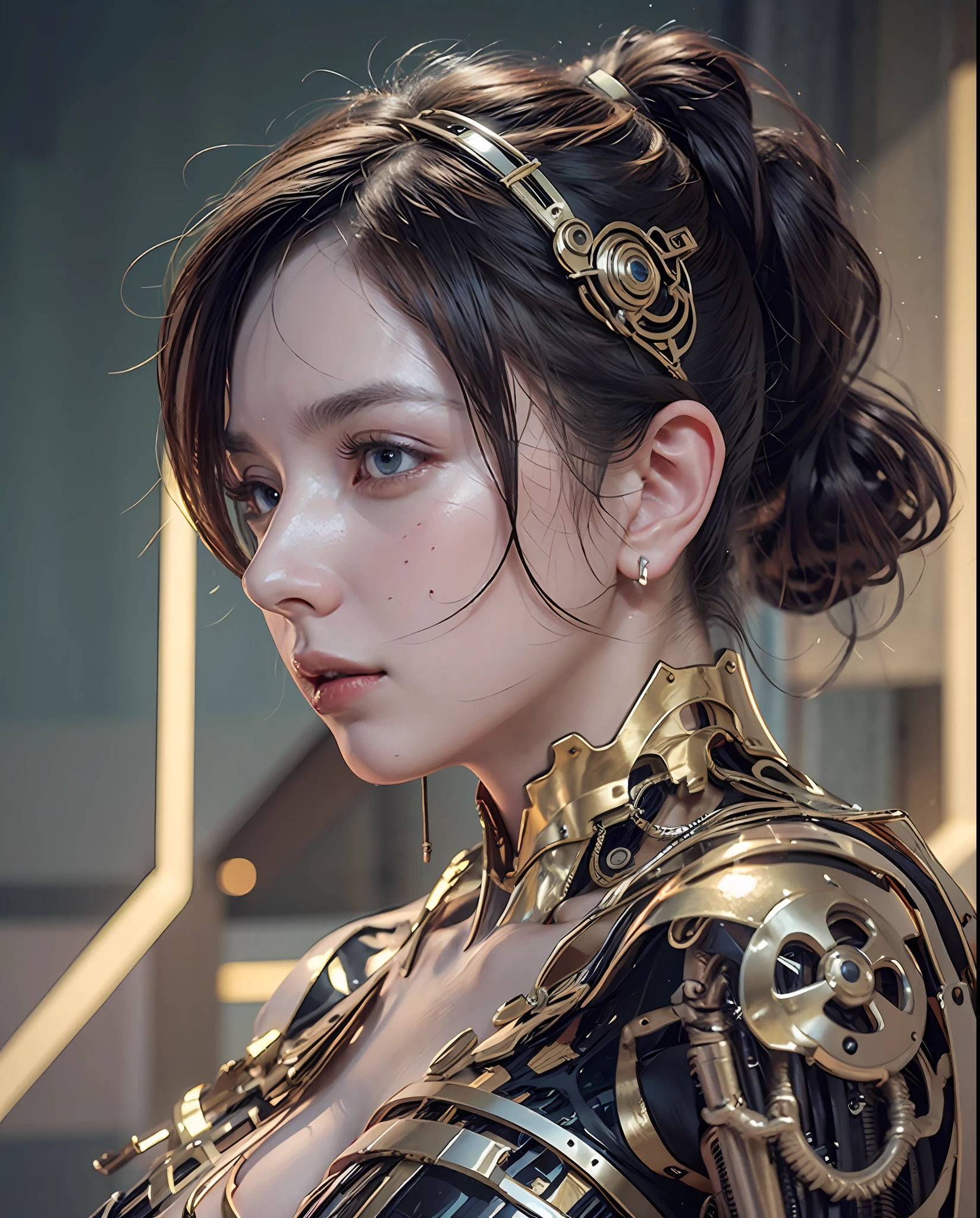 Top Quality, Masterpiece, Ultra High Resolution, (Photorealistic: 1.4), Raw Photo, 1 Girl, Black Hair, Glossy Skin, 1 Mechanical Girl, (Ultra Realistic Details)), Portrait, Global Illumination, Shadows, Octane Rendering, 8K, Ultra Sharp, Big, Cleavage Exposed Raw Skin, Metal, Intricate Ornament Details, Details, Very intricate details, realistic light, CGSoation trend, purple eyes, glowing eyes, facing the camera, neon details, mechanical limbs, reelmech, blood vessels connected to the tube, mechanical vertebrae attached to the back, mechanical cervical attachment to the neck, evangelion, small LED lamp, (high detailed skin:1.2), (glistening skin:1.15), film grain, side view