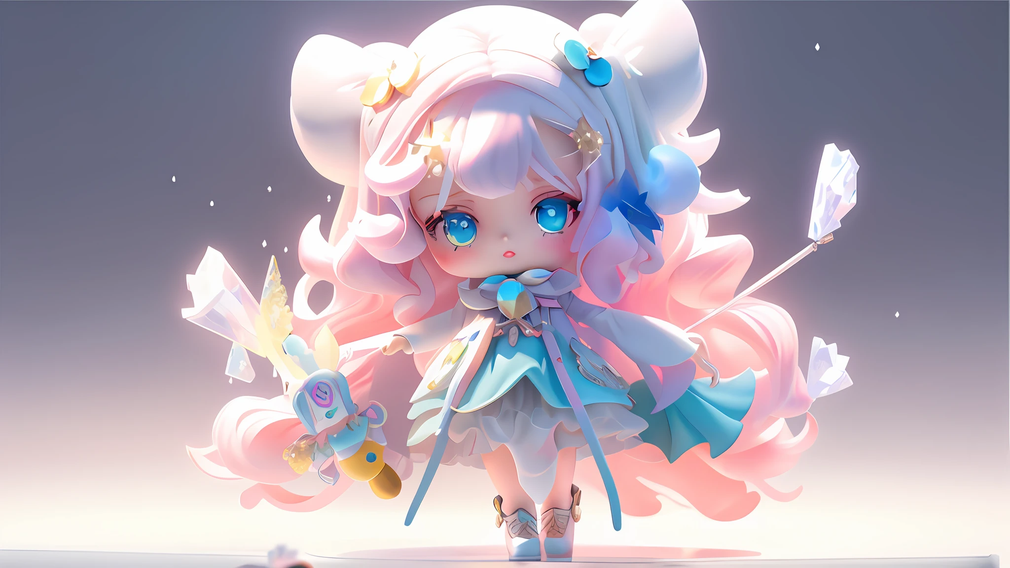 Super cool girl,full bodyesbian,pop mart,eyes with brightness,Little angels,Clay,Models,a blind box toy,Glossy and refined,clean backdrop,Good gloss,a 3D render,full bodyesbian,oc rendered,best qualtiy,4K,super detailing,vivid palette,Subtle gradients,style of anime,futurism aesthetic,High contrast lighting,Detailed textures,in pastel shades,Intricate patterns,glitter effects,Metal finish,Smooth curves,Fantastical Atmosphere,detailed shadow,Translucent material,sparkle eyes,lush hair,dynamicposes,Floating elements,magical aura,Crystal clear quality,ultra-realistic realism,Soft glow,Intricate clothing design,Unique accessories,Ethereal background,Stylized realism,Surrealist elements,Magic props,Glossy lips,Fluffy texture。