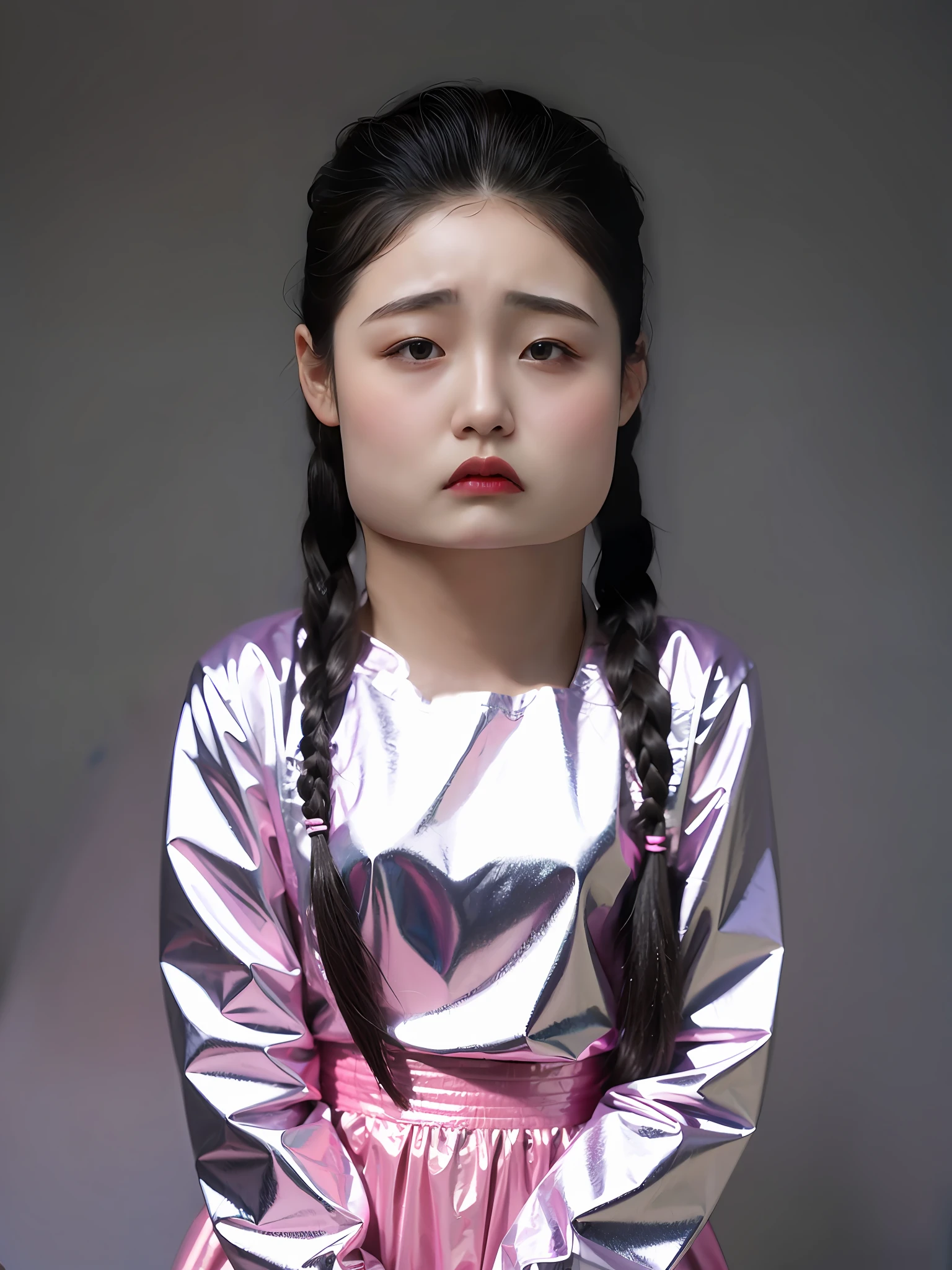A Chinese high school girl,Wearing pink PVC casual clothes,Twist braids