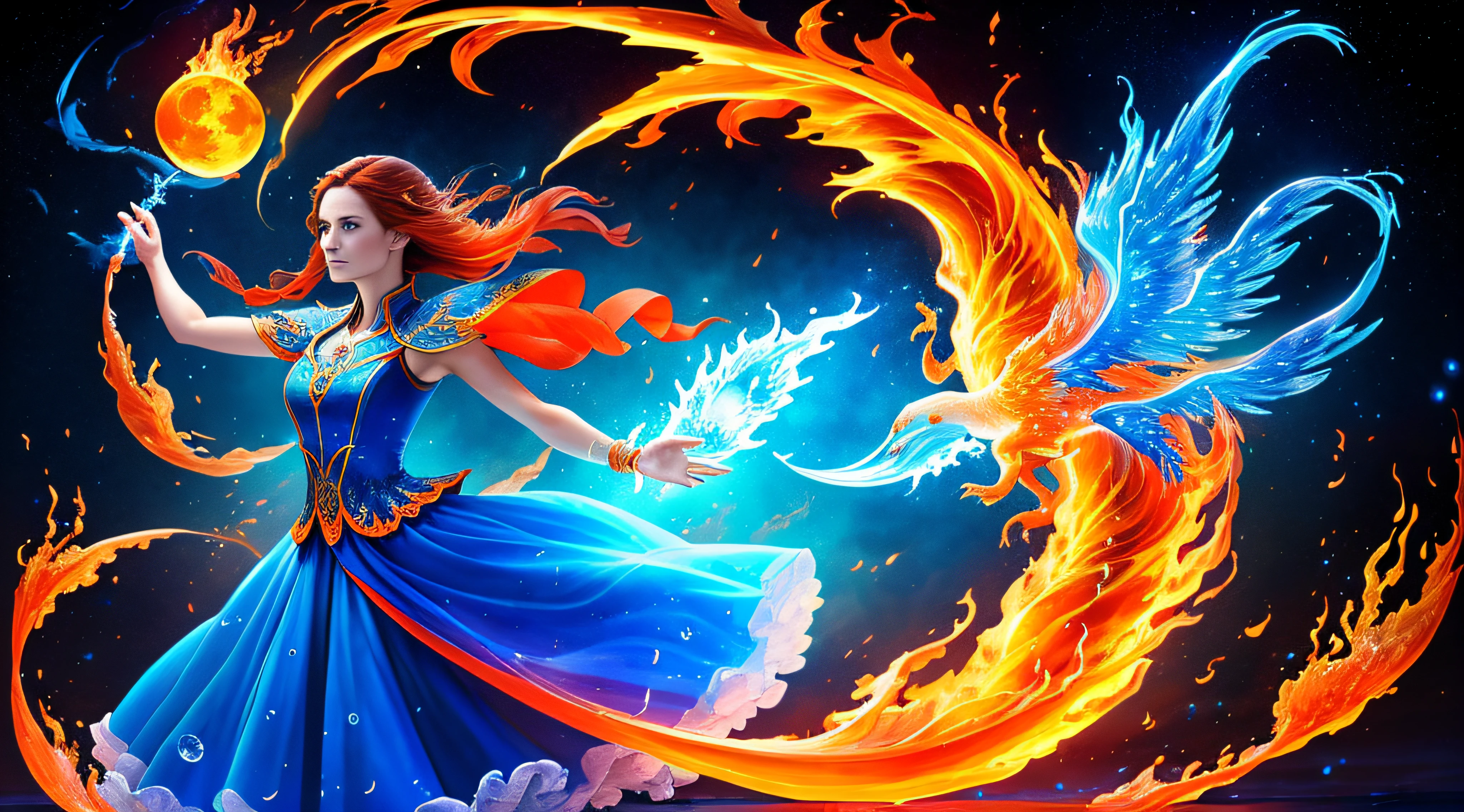 flame and water, blue and orange, (best quality, masterpiece), moon, magical, pose, ice and fire particle, magic, hand conjuring water, big magic, water trail on air, wind, flower, upper body, detailed background, detailed clothes, glowing, looking at viewer