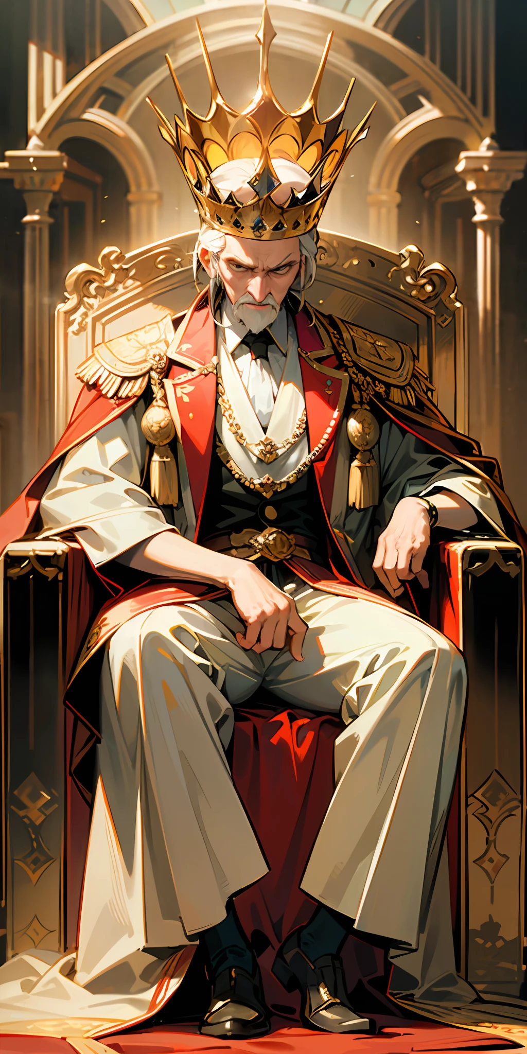 "((old King)), (elegantly dressed in western royal attire), Wise vibe, majestically seated on a golden and red throne, against a lavish royal wall backdrop, captured in a full body shot."
