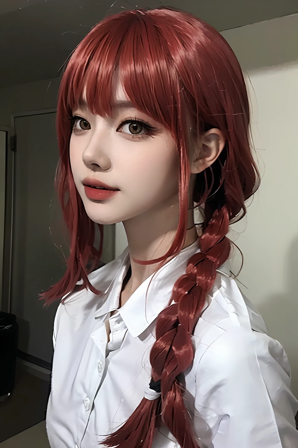 ((top-quality、8K、​masterpiece:1.3))、foco nítido、(Beautiful woman with perfect body shape:1.2)、A slender、red hairs、Long hair、Braids、(white  shirt)、(Ruins:1.2)、Highly detailed facial and skin texture、A detailed eye、二重まぶた、A slight smil、Bokeh、From Side