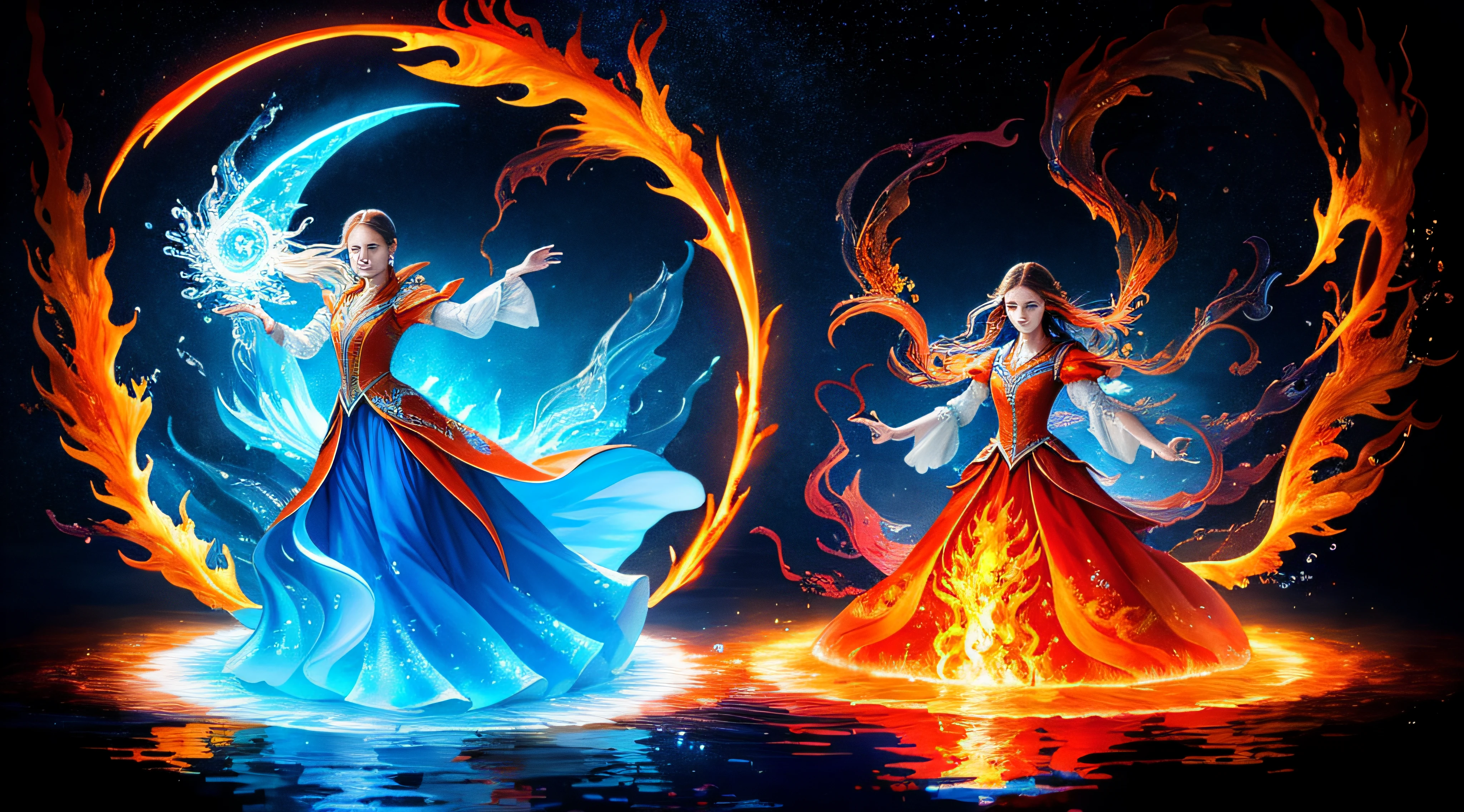 flame and water, blue and orange, (best quality, masterpiece), moon, magical, pose, ice and fire particle, magic, hand conjuring water, big magic, water trail on air, wind, flower, upper body, detailed background, detailed clothes, glowing, looking at viewer