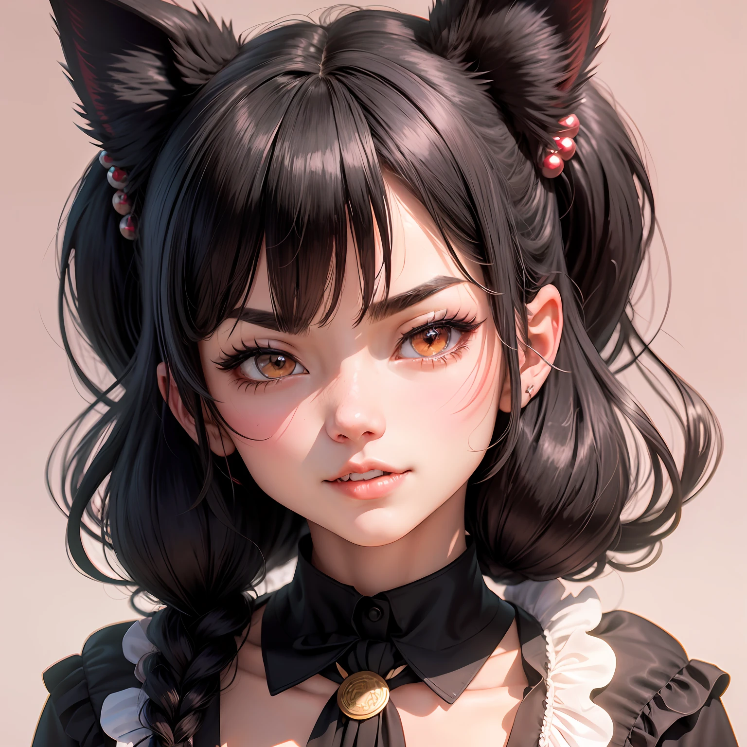 black hair, hair bobbles, wince, fake animal ears, ear blush, fang, drop shadow, anaglyph, stereogram, tachi-e, pov, 8k, ccurate, best quality