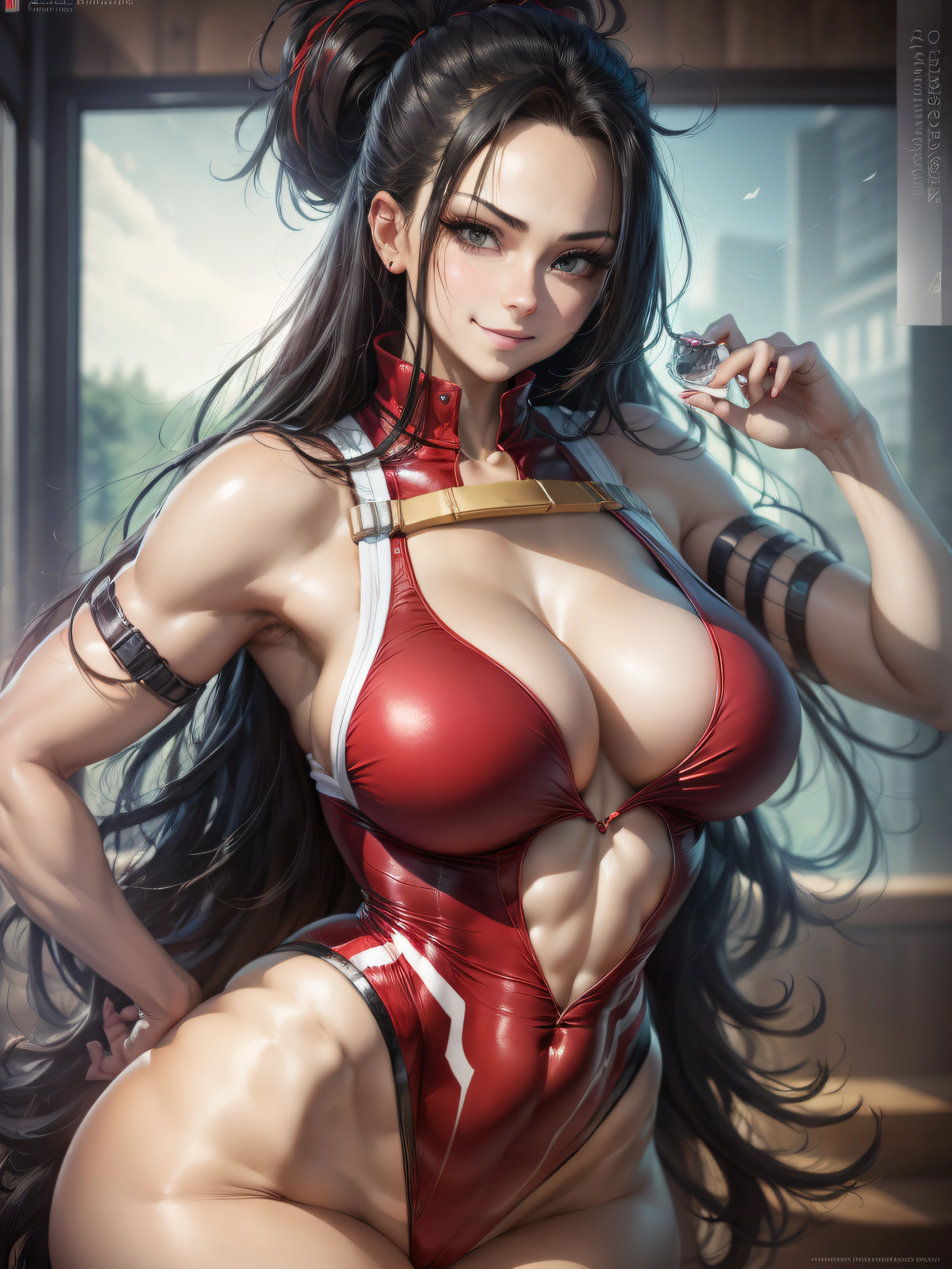 Photorealistic, Show from the hips to the shoulders, girl,Woman,Female, 年轻, 20 years old, absurdly long hair, messy long hair, beautiful detailed cold face, Seductive smile, beatiful detailed eyes, Log Cabage, White skin, highleg, Detailed ice, absurderes,High Art, Ridiculous resolution, High resolution, (masutepiece:1.4), super detailed, 1 Awkward Girl, Smooth skin, shiny milky skin, Colossal tits, Big ass , venusbody, doress、thick juicy thighs, yaoyorozu momo, ((((Red Leotard)))), 鎖骨, Cleavage Closed mouth, Smile, Cute face, --v 6