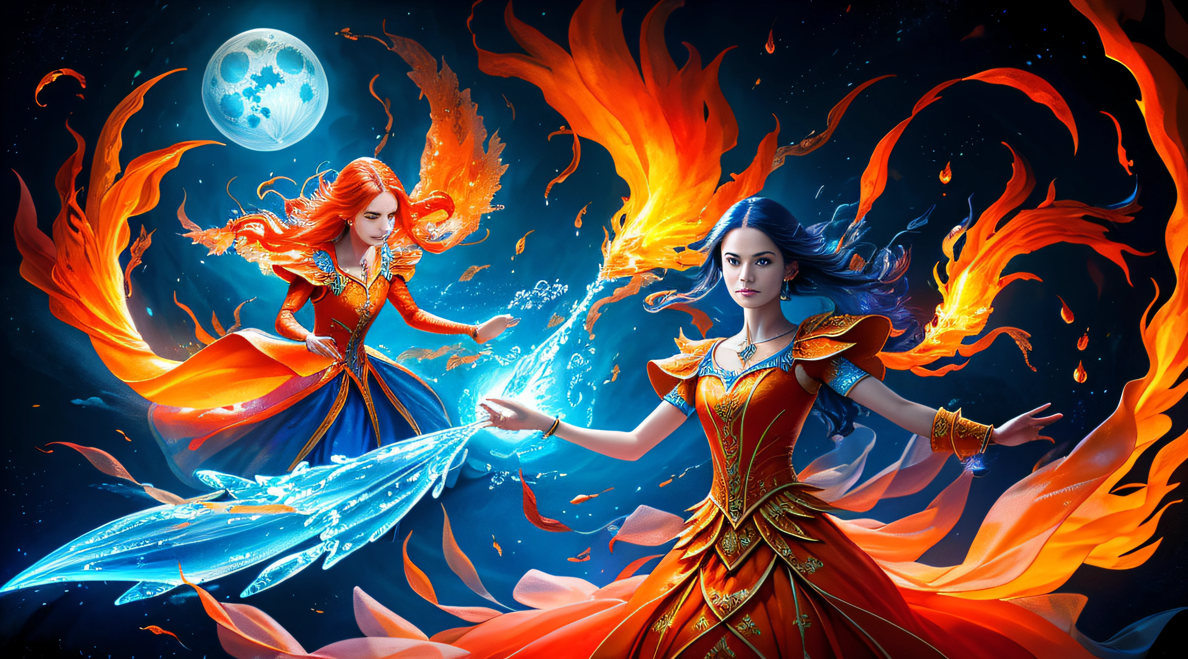 flame and water, blue and orange, (best quality, masterpiece), moon, magical, pose, ice and fire particle, magic, hand conjuring water, big magic, water trail on air, wind, flower, upper body, detailed background, detailed clothes, glowing, looking at viewer