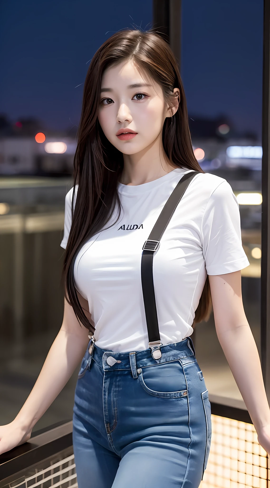 ((Midnight, Acura, 8K, Masterpiece: 1.3)), Full body, Long legs, Focal length: 1.2, Perfect Body Beauty: 1.4, Slim Abs: 1.1, ((Dark Brown Hair, Big Tits: 1.1)), (White Skinny T-shirt, Denim Suspenders, Standing: 1.2), ((City Night View, Roof: 1.3)), Highly detailed face and skin texture, Fine eyes, Double eyelids