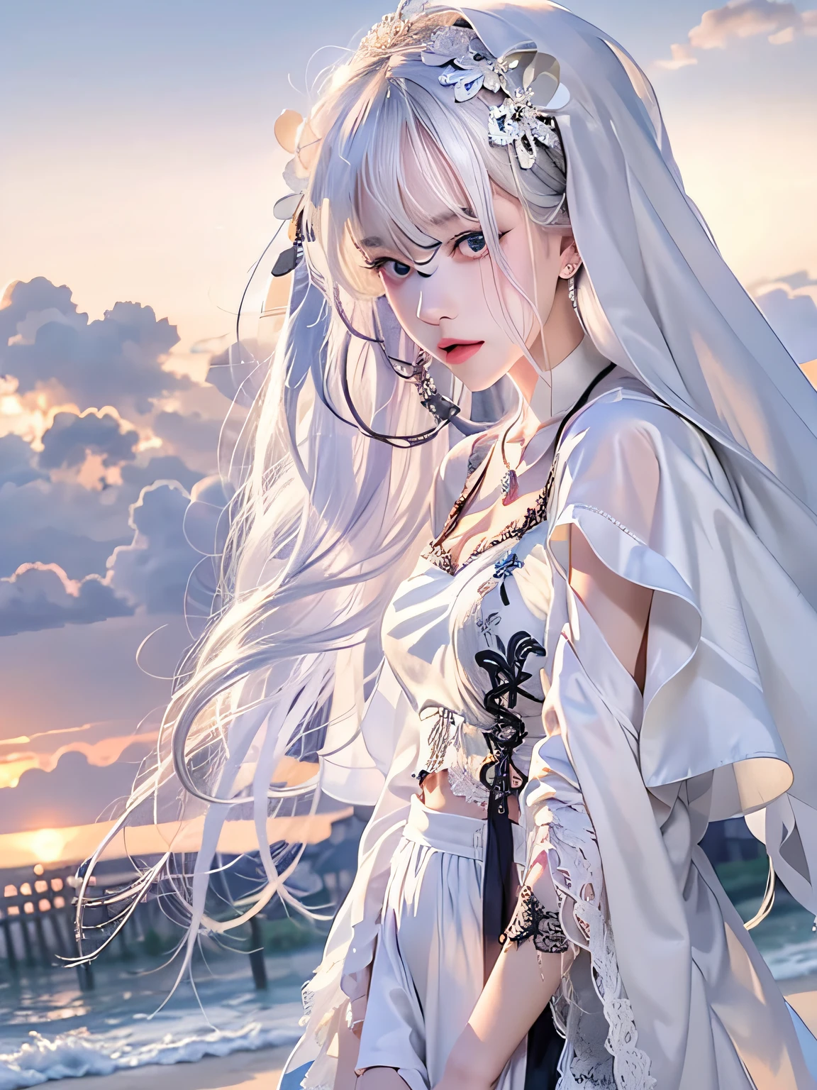 masterpiece, best quality, dusk, on the beach, huge_filesize, wallpaper, girl, bishoujo, nun, very long hair, white hair, hair down, drill hair, twin braids, white hairband, nose blush , angry, eyelid pull , white colored eyelashes, heterochromia , heart in eye, hand on own chest, squatting, back-to-back, whitedress, robe, cape, crop top, black garter belt, lace-trimmed legwear, chains, ,