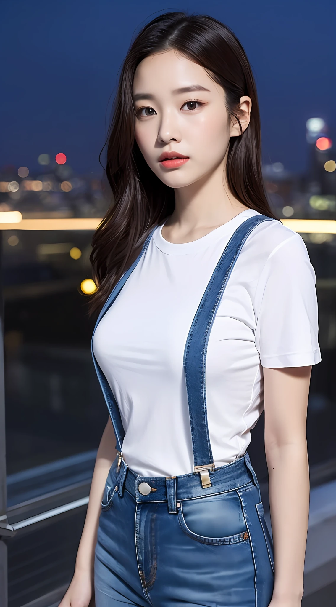 ((Midnight, Acura, 8K, Masterpiece: 1.3)), Full body, Long legs, Focal length: 1.2, Perfect Body Beauty: 1.4, Slim Abs: 1.1, ((Dark Brown Hair, Big Tits: 1.1)), (White Skinny T-shirt, Denim Suspenders, Standing: 1.2), ((City Night View, Roof: 1.3)), Highly detailed face and skin texture, Fine eyes, Double eyelids