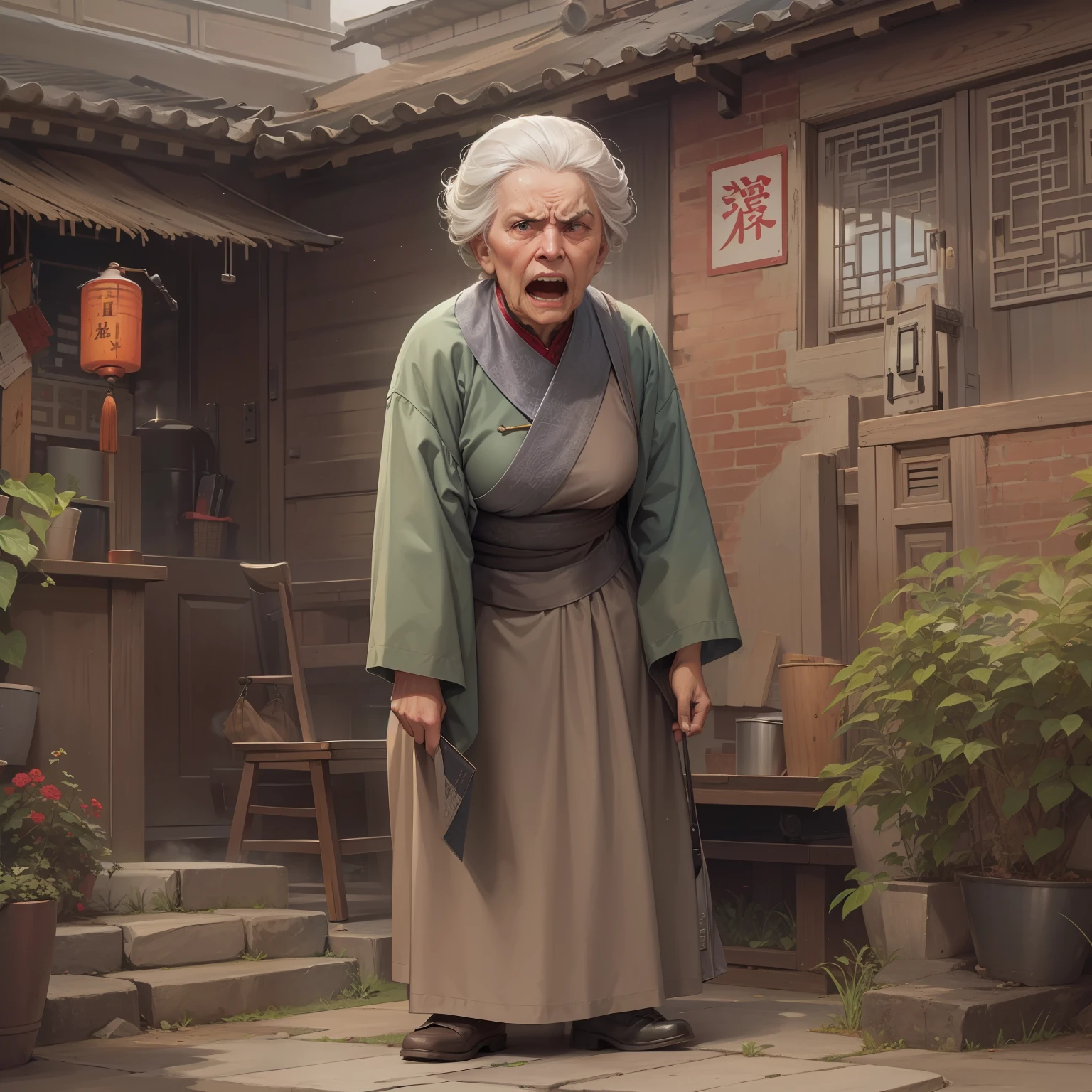 (An old woman,irate)