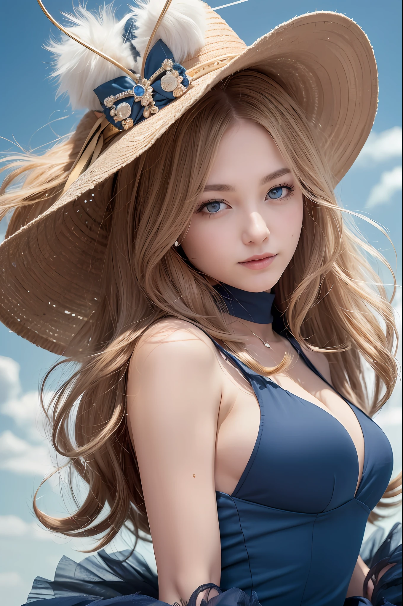 ((top-quality、​masterpiece:1.3))、((Russian beauties))、1 female、14years、large full breasts:1.3、Slender body type:1.5、Toned abs、Blonde semi-long hair、(Dark blue dress with fluffy sleeves:1.5)、Super Detailed Face、Detailed lips、detailedeyes、二重まぶた、Balloons、Plump smile、blue-sky、​​clouds、Looking to the right、blue eyess、wide Shots、Model pose posing with hands on buttocks、a straw fedora hat、Sailor Moon Rabbit