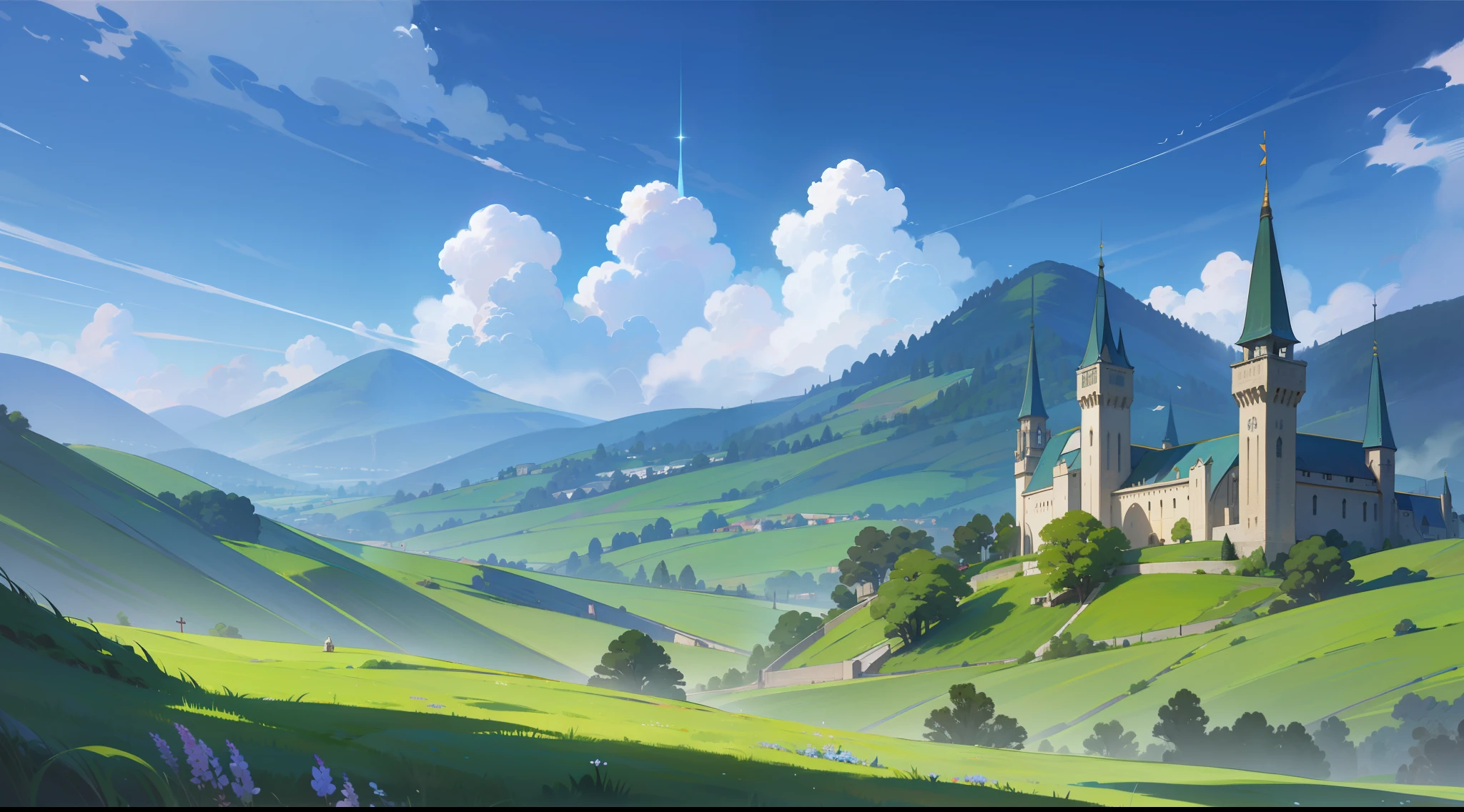 masterpiece, best quality, landscape, fantasy, medieval, blue sky, green field, beautiful detailed brightness.