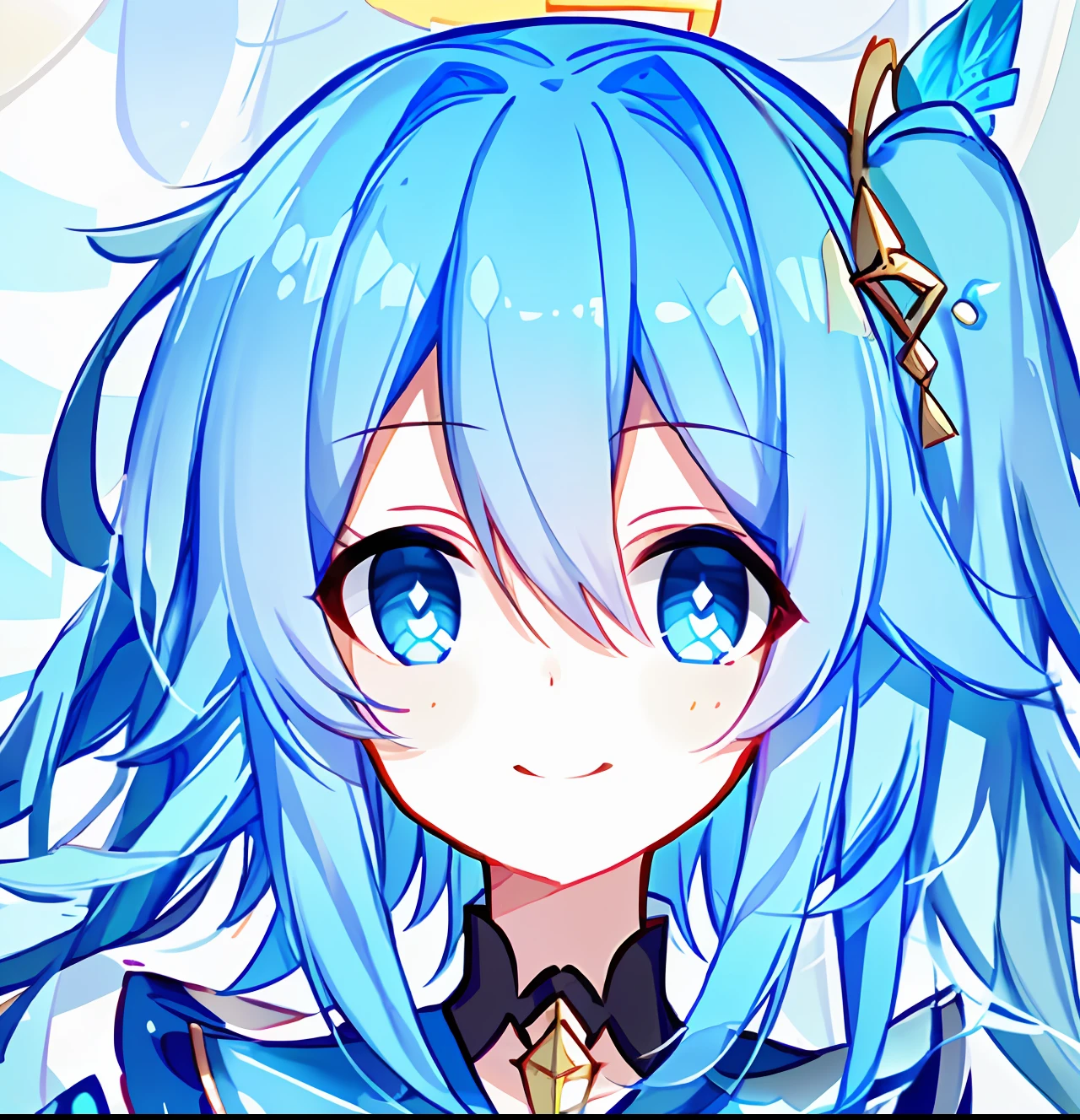 blue hairs,Female color of gold research,With a smile,Candy in his mouth,Slightly cute