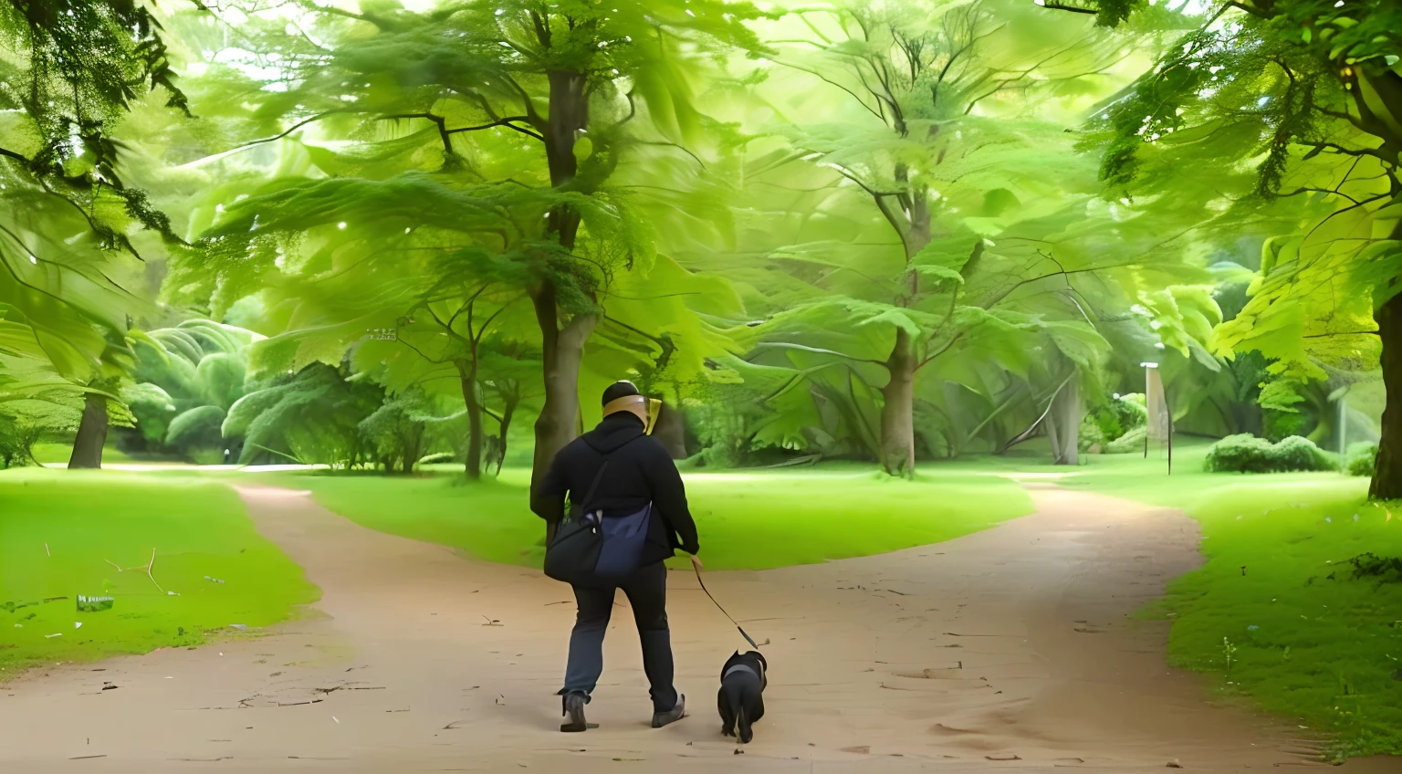 Homem Arafed passeando com seu cachorro por um caminho em um parque, em um parque, foto - shot, walking away from camera, belos arredores, Caminhando no Parque, no Parque, walking away from camera, still photograph, snapshot, facing away from camera, fotografia grande angular, desfrutando de um passeio na floresta, Ao ar livre, photographic.