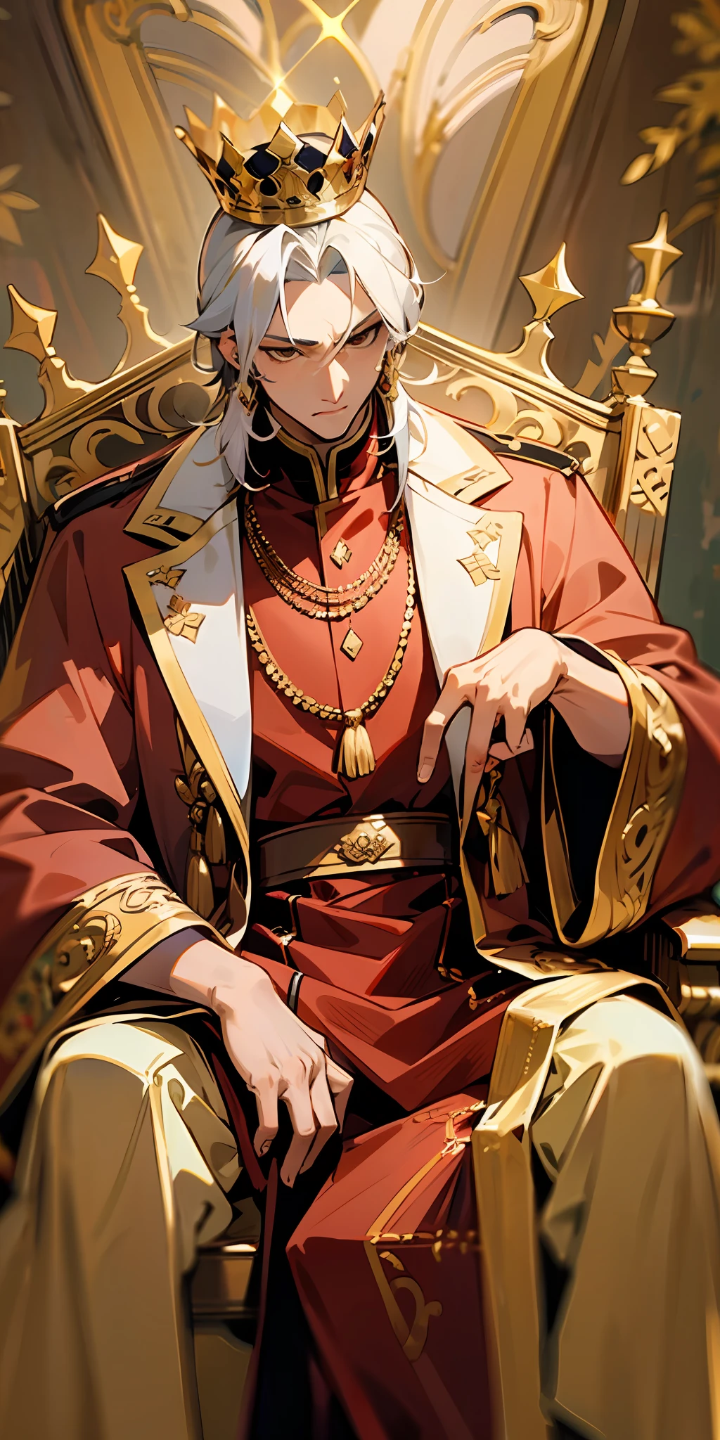 "((mid age  King)), (elegantly dressed in western royal attire), Wise vibe, majestically seated on a golden and red throne, against a lavish royal wall backdrop, captured in a full body shot."