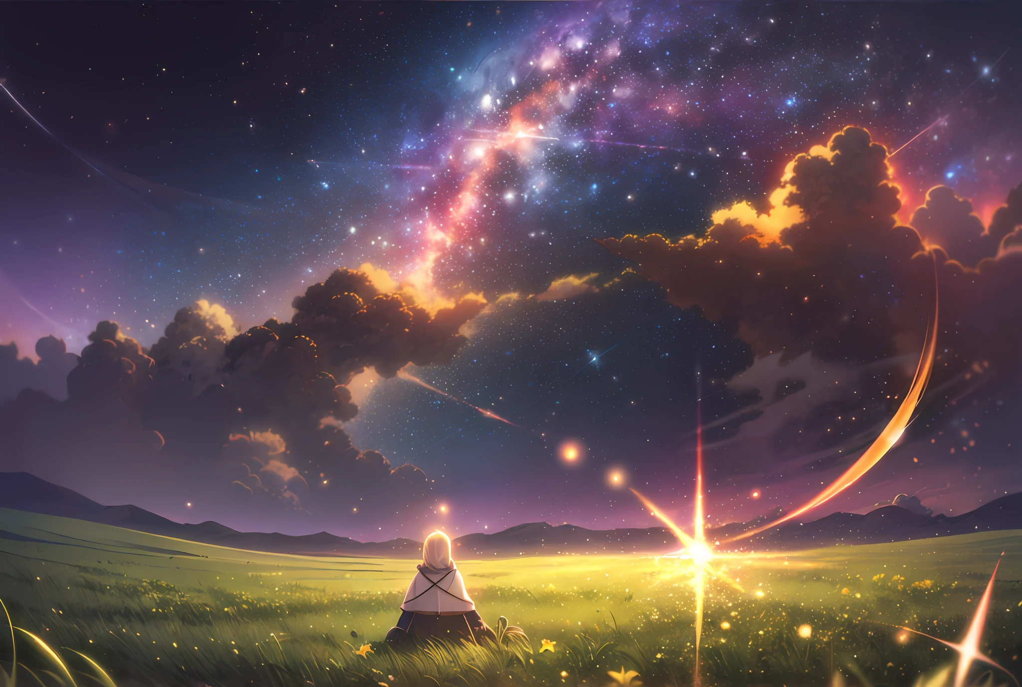 Cosmic orizon of a celestial landscape of a large field of green grass with regular hills and many happy angel anime characters in it, galaxy, supernova, estrela, estrelas, cosmico, celestial 🌌🌌🌌🌌🌠🌠🌠🌠🌄🌄🌄🌄🌄