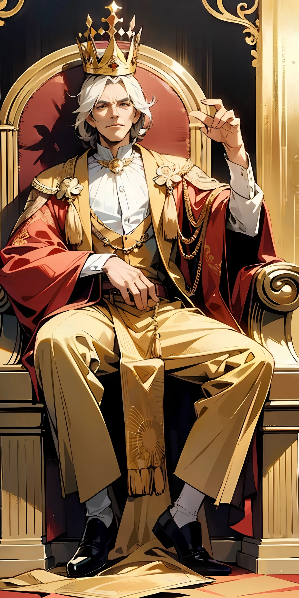 "((mid age  King)), (elegantly dressed in western royal attire), Wise vibe, majestically seated on a golden and red throne, against a lavish royal wall backdrop, captured in a full body shot."