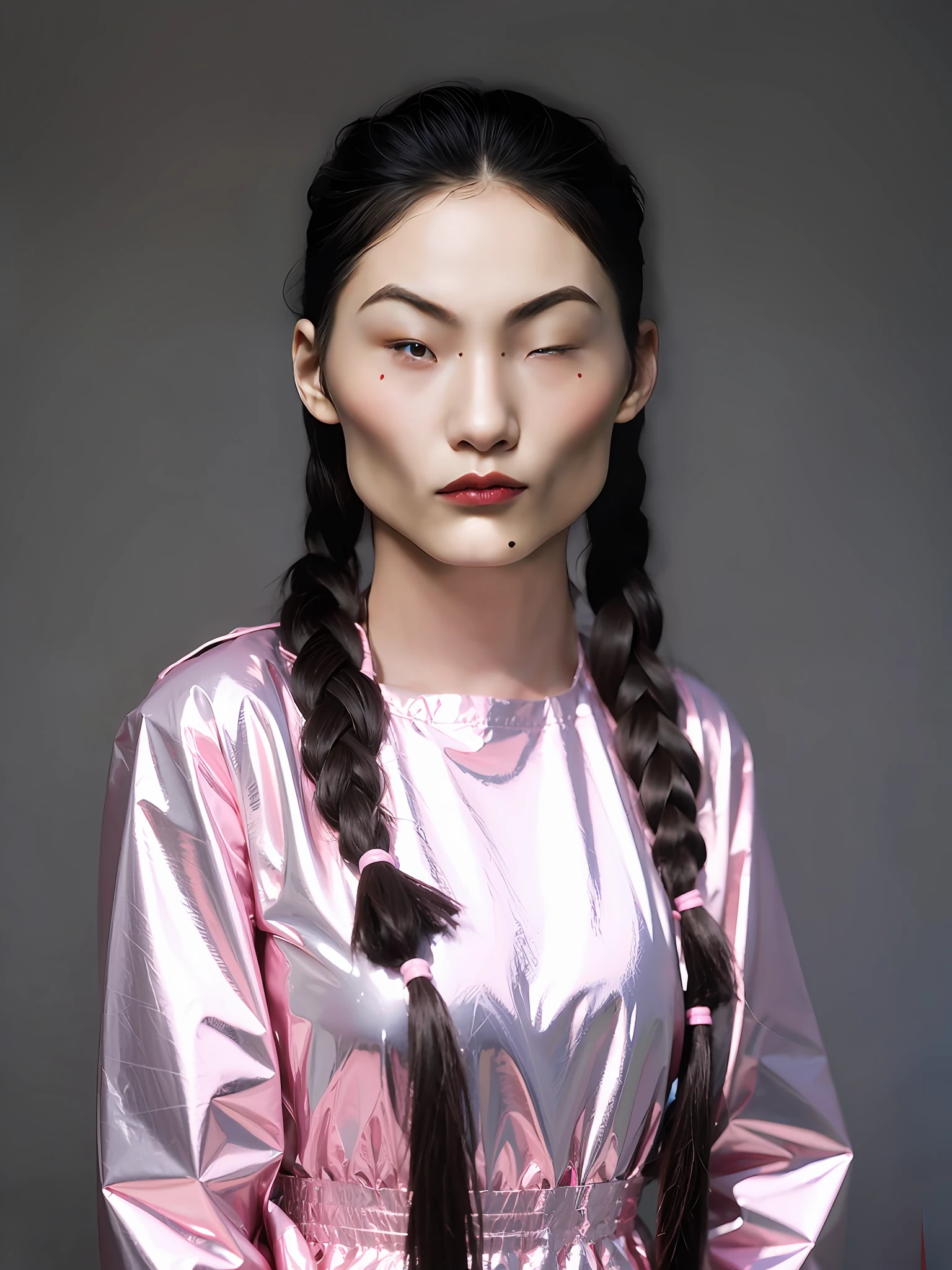 A Chinese high school girl,Wearing pink PVC casual clothes,Twist braids