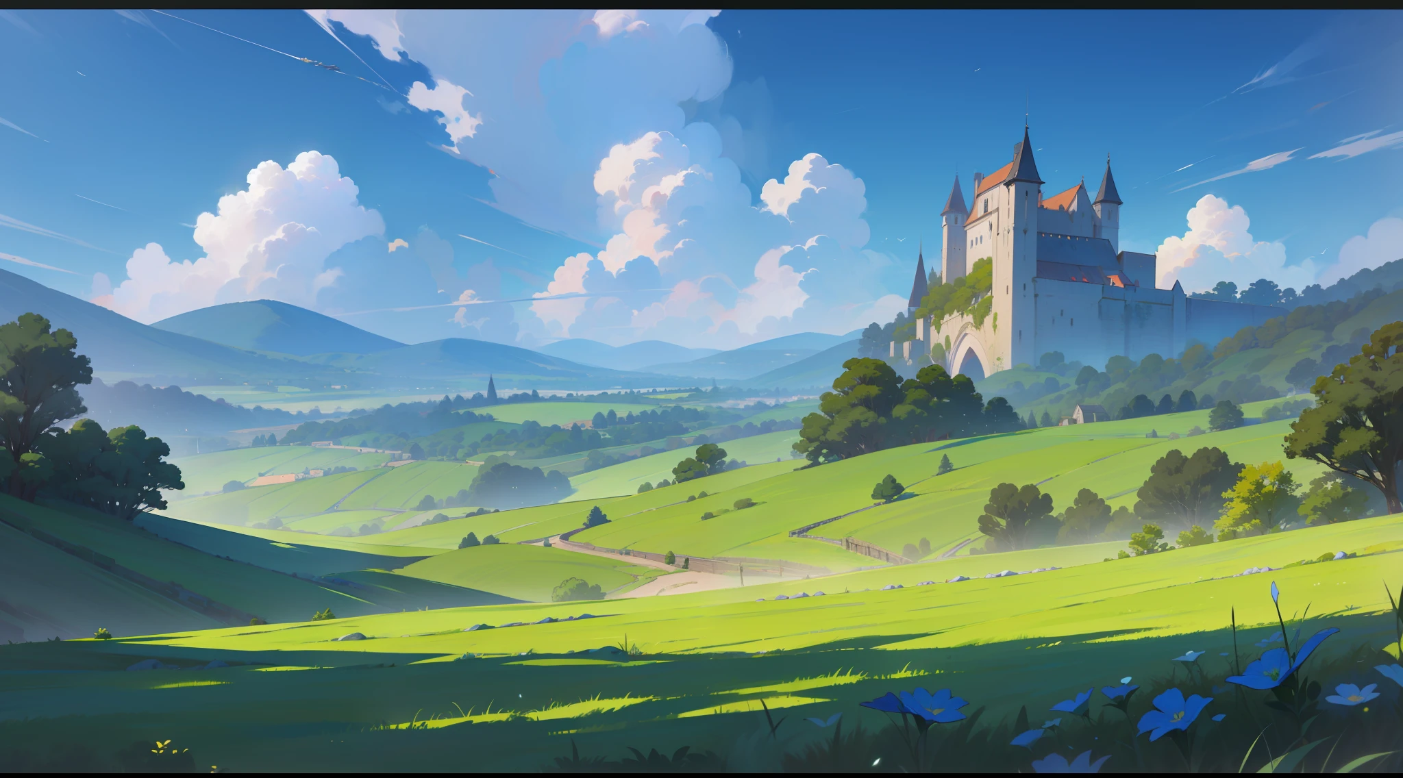 masterpiece, best quality, landscape, fantasy, medieval, blue sky, green field, beautiful detailed brightness.