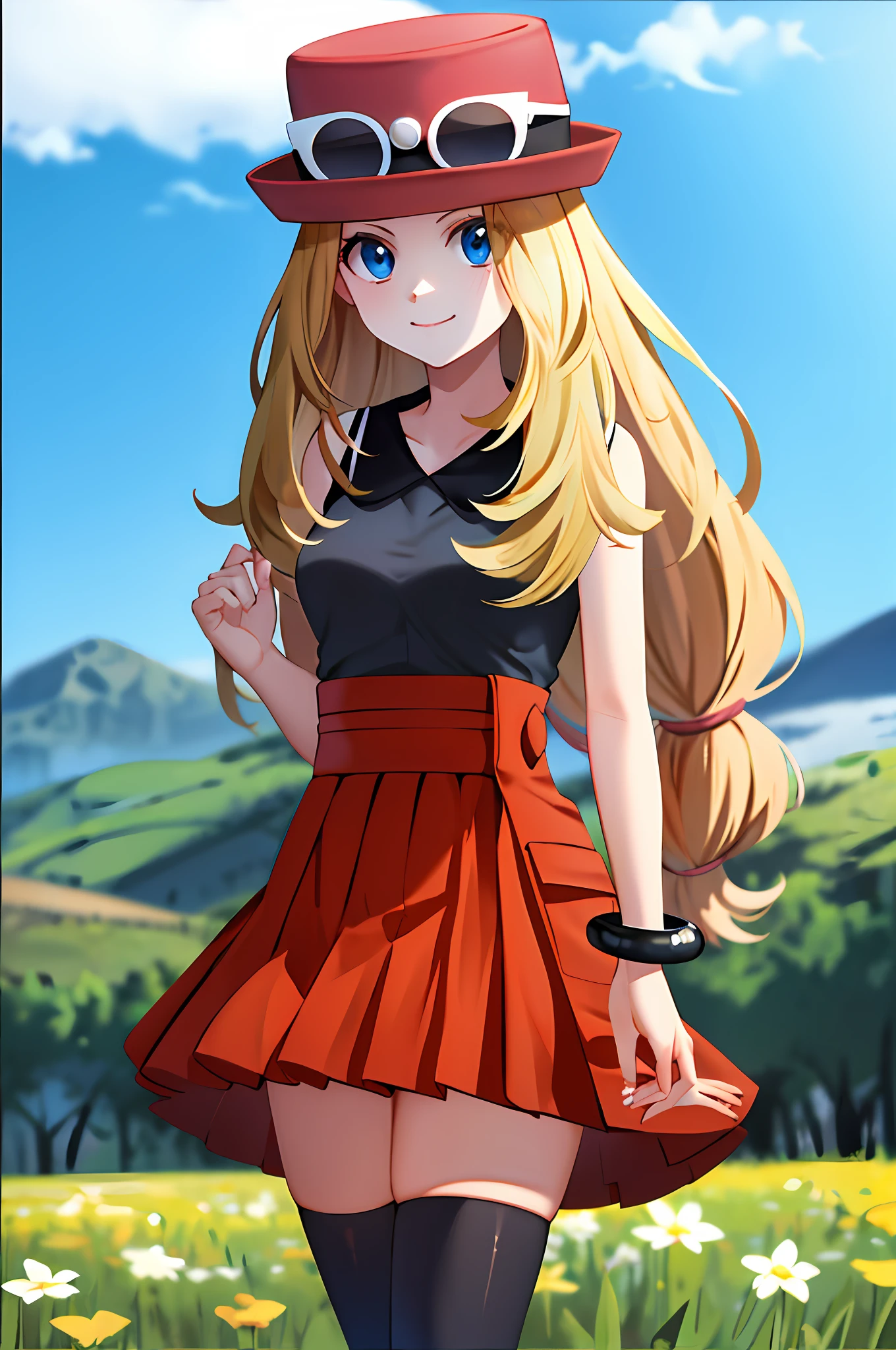 masterpiece, best quality, highres, blue eyes, serena \(pokemon\), 1girl, solo, thighhighs, long hair, hat, jewelry, bracelet, black thighhighs, collared shirt, pleated skirt, red skirt, sleeveless, high-waist skirt, sleeveless shirt, eyelashes, pink headwear, black shirt, eyewear on headwear, upper body, field, smile, closed mouth, sexy,