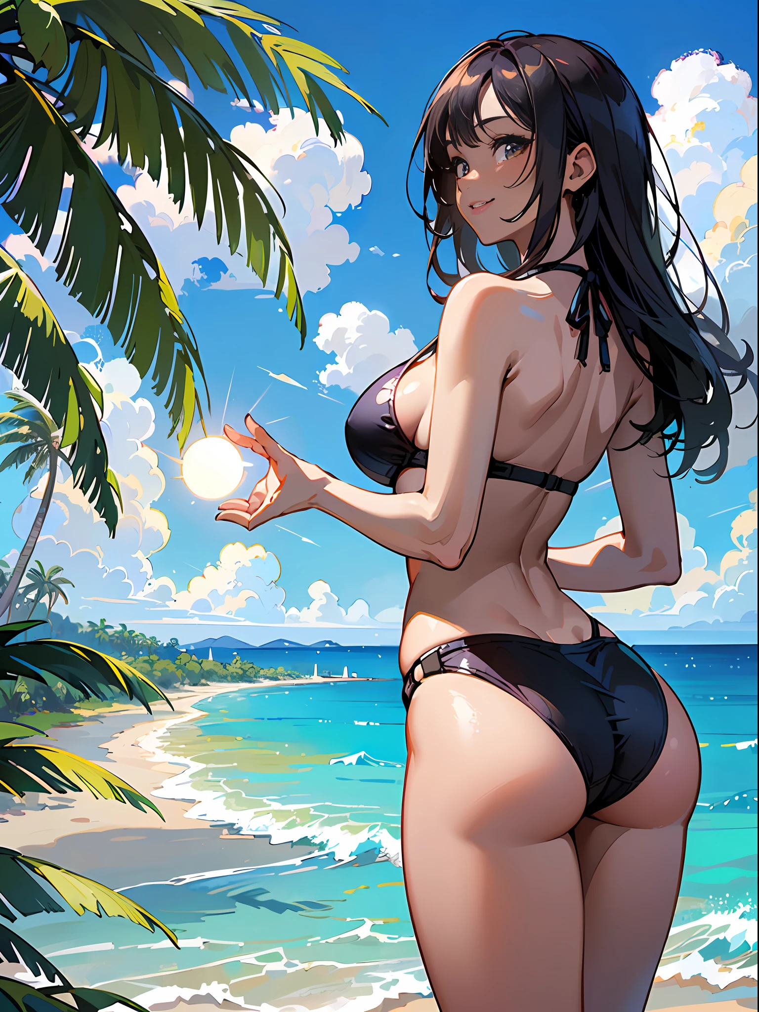 masterpiece、ultra-quality、ultra-detailliert、Perfect drawing、Solo、girl with、(((Bikini in tropical colors)))、(round and big buttocks)、((Pose with buttocks sticking out))、(((bulging bust top)))、(ample breasts:1.5)、perspiring、(darkskin:1.2)、(Cute smile)、20yr old、plein air、blue-sky、cumulonimbus clouds、glowing sun、resort hotel、Tropical、Beach Resort、hibiscus、shores、(Shot from diagonally below the back)、beatiful backgrounds、Accurate drawing、Detailed drawing、high-class sense、Open、Functional