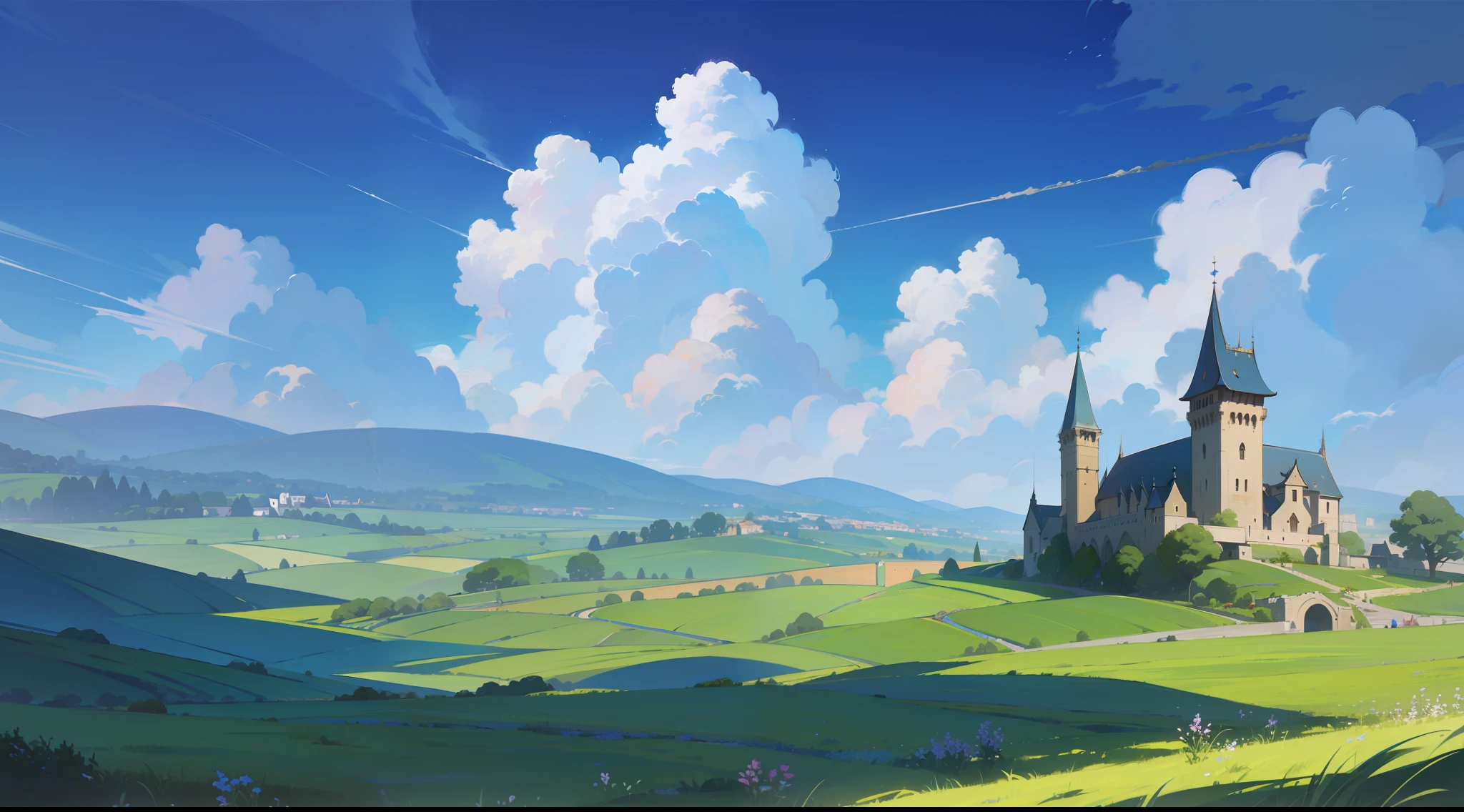 masterpiece, best quality, landscape, fantasy, medieval, blue sky, green field, beautiful detailed brightness.
