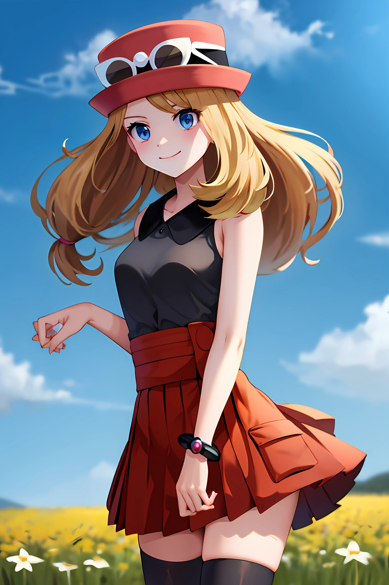 masterpiece, best quality, highres, blue eyes, serena \(pokemon\), 1girl, solo, thighhighs, long hair, hat, jewelry, bracelet, black thighhighs, collared shirt, pleated skirt, red skirt, sleeveless, high-waist skirt, sleeveless shirt, eyelashes, pink headwear, black shirt, eyewear on headwear, upper body, field, smile, closed mouth, sexy,