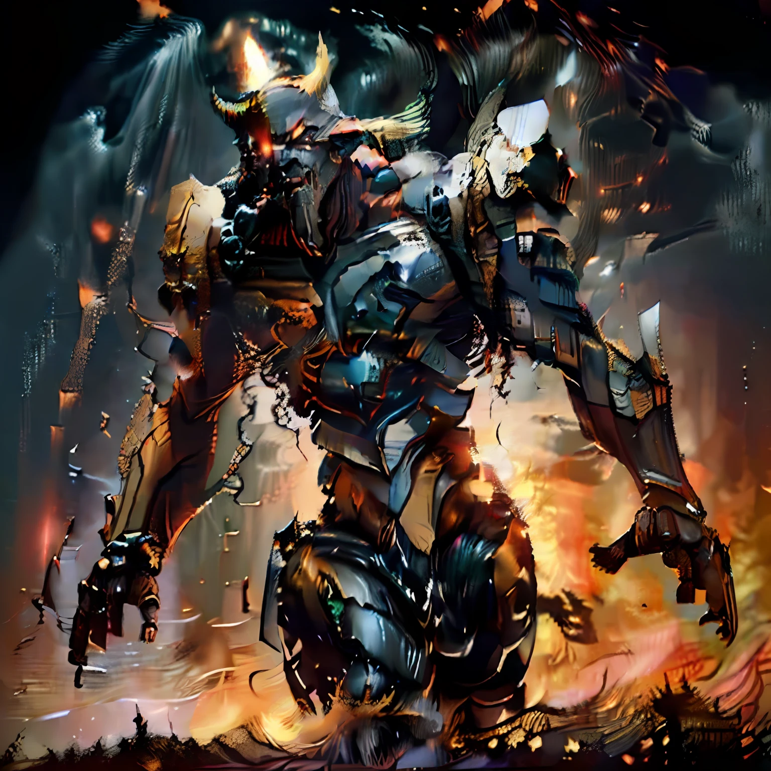 there is a man riding a horse with a horned head, red ogre riding a horse, Epic fantasy art style, Epic fantasy art style HD, Epic fantasy digital art style, muscled humanoid balrog demon, fit male demon with white horns, male centaur centaur chimera, Epic fantasy style art, ares with heavy armor and sword, 4K fantasy art