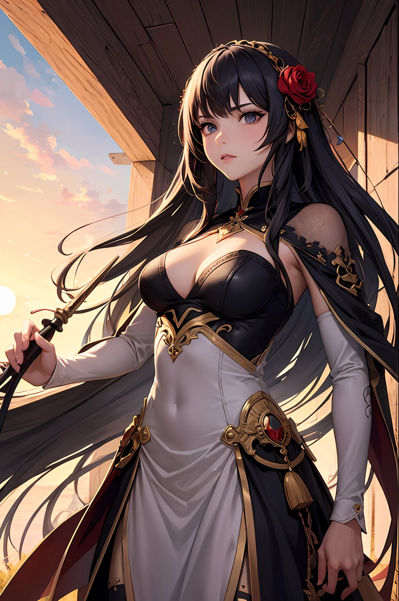 (tmasterpiece,top Quority,best qualtiy,offcial art,Beauty and aesthetics:1.2),(1girl),Extremely detailed,(s fractal art:1.3),extremely colorful,Most detailed,shoun,the setting sun,steed,Armed with a spear,The expression is firm,He looks at you,There are thousands of troops behind him。