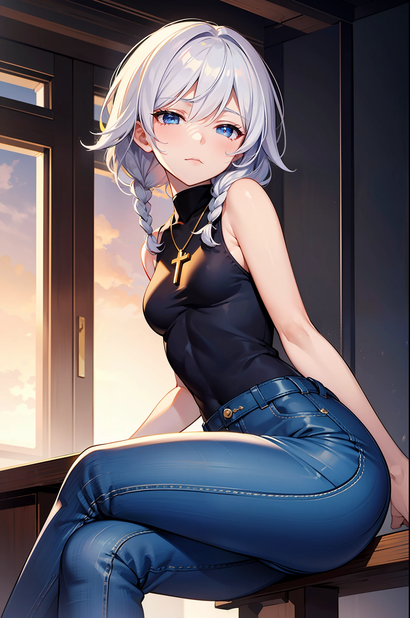 Masterpiece, Best quality, Masterpiece,Best quality,offcial art,Extremely detailed Cg Unity 8K wallpaper, Golden hour lighting, strong rimlight, Strong shadows, In the cyberpunk city, art book, Medium hair, White hair, Braided, Blue eyes, Small breasts, Sleeveless shirt, shorter pants, kneehighs, jitome, Semi-closed Eyes, :crewneck, ((short braids)),hair between eye,Sitting,Crossed legs,（A look of disdain），Gradient hair,dyed bangs,Cross necklace，drink