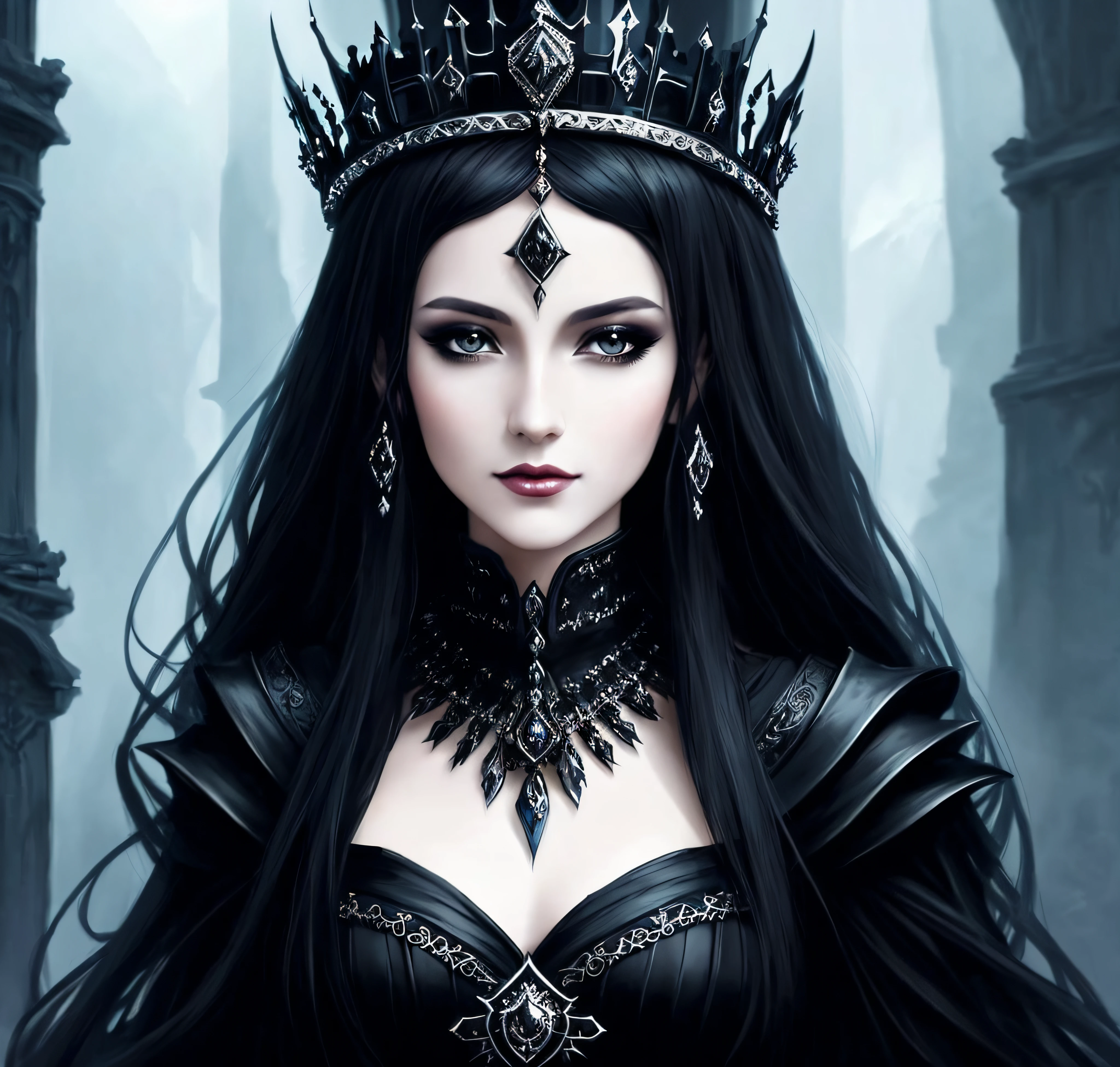 a close up of a woman wearing a crown and a black dress, dark fantasy style art, fantasy art style, a beautiful fantasy empress, epic fantasy art style hd, ((a beautiful fantasy empress)), epic fantasy art style, gothic princess portrait, gothic fantasy art, digital 2d fantasy art, beautiful and elegant