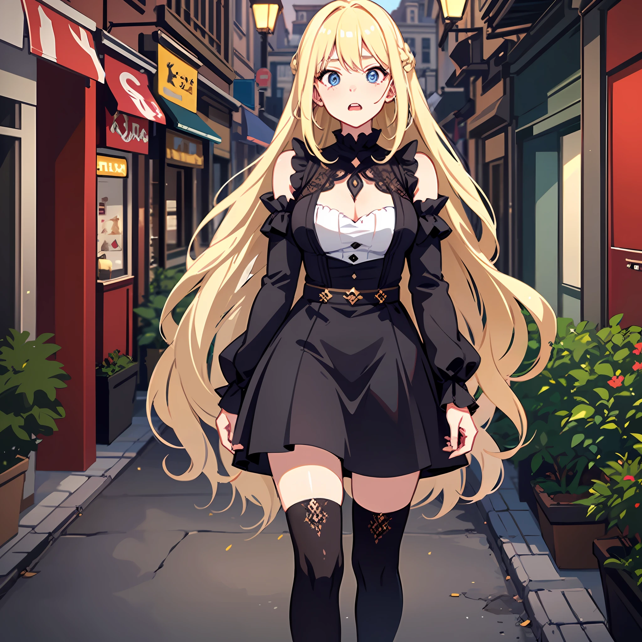 1 mature woman,(Long fluffy blonde hair:1.6),black color dress,Skirt that wraps hips,black long socks,Mature and beautiful,In quaint streets,Behind you are shops,(is shocked:2),shock,having fun,(surprise:1.6),parted lips,surprised,incredulous,looking at viewert,Ultra-detailed CG,Exquisite facial features,Clear facial expressions,Detailed digital anime art,Digital anime art,High quality anime art style