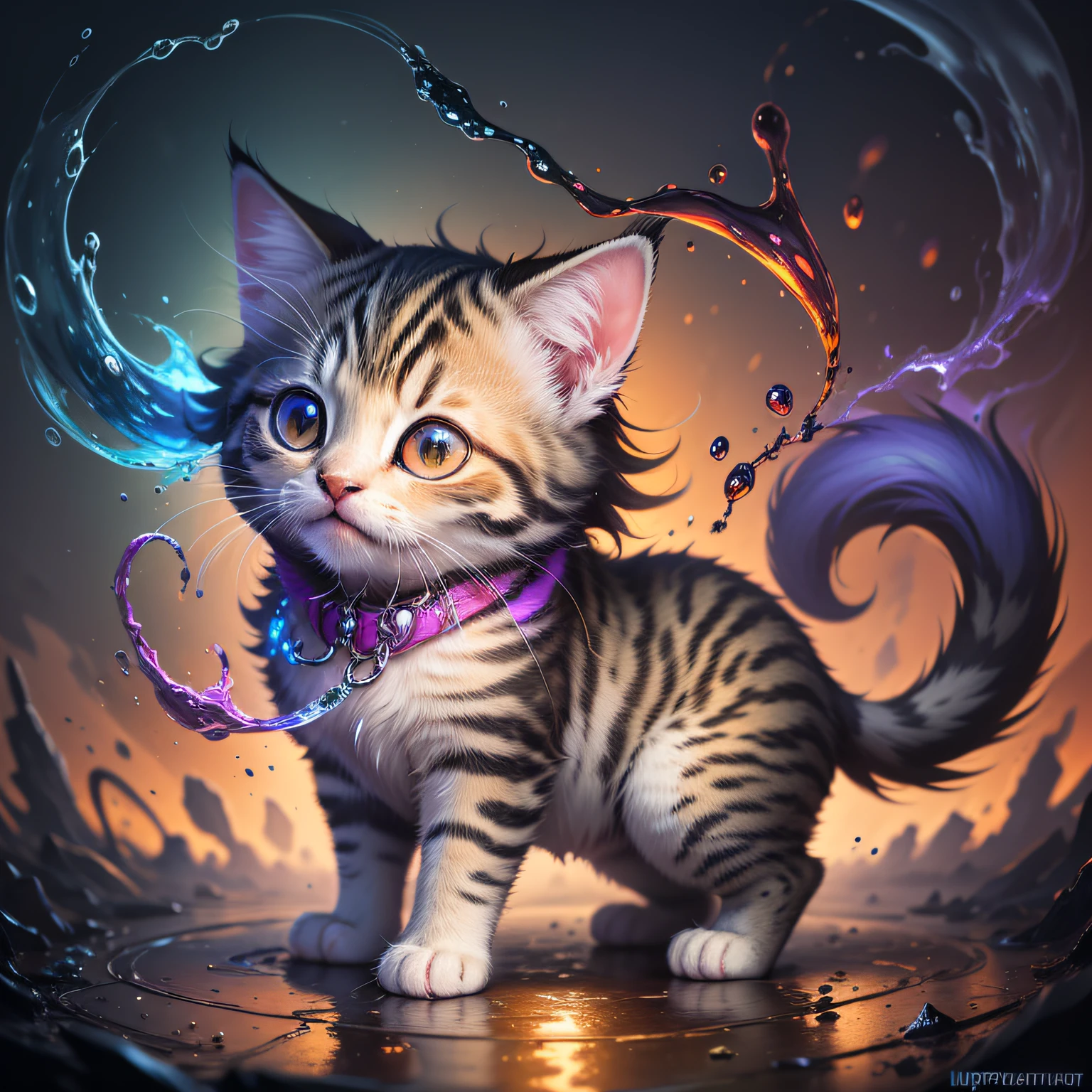 splash art, a liquid cute kitten made of colours,splash style of colourful paint, hyperdetailed intricately detailed, fantastical, intricate detail, splash screen, complementary colours, fantasy, concept art, 8k resolution, DeviantArt masterpiece, moonlight