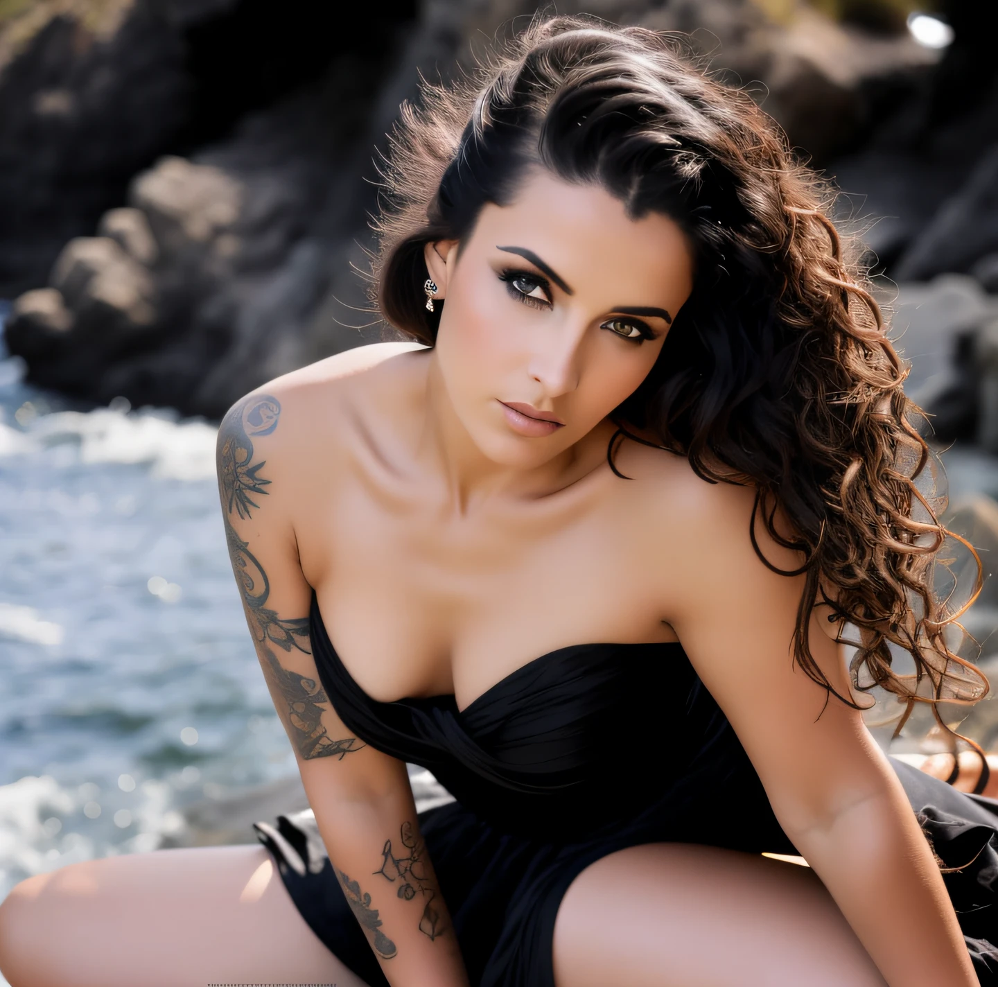 Tattooed Alafed woman sitting on a rock in a black dress, Inspired by Luis Royo, In the style of Luis Royo, Luis Royo's style, malika favre, Glamour photography, Portrait image, Rosalia Villa Tovera, Went to Chhotsipanagiotou, profile image, by Mika Klein, christina kritkou, seductive and powerful