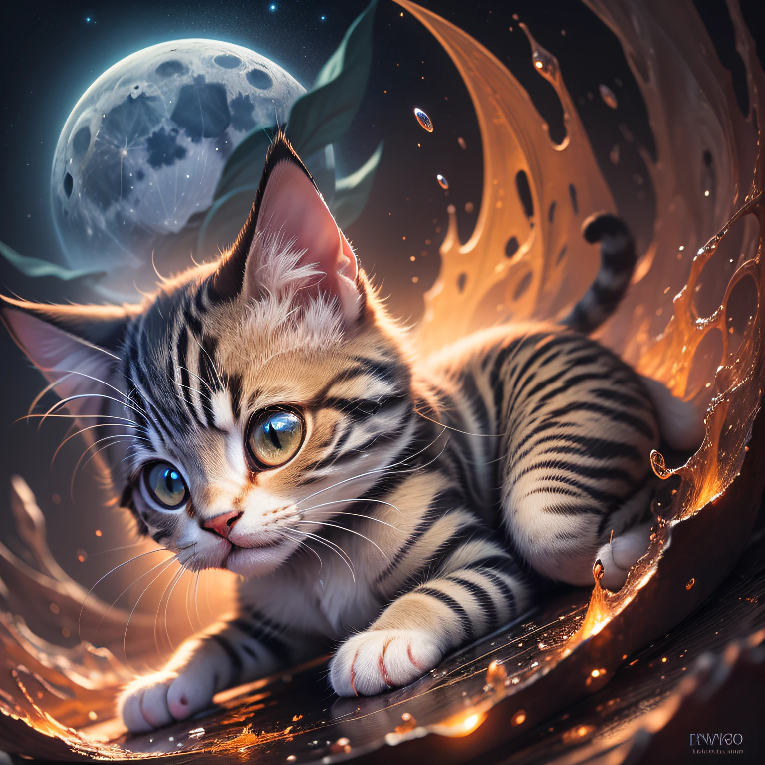 a liquid cute kitten made of colours, hyperdetailed intricately detailed, fantastical, intriciate detail, complementary colours, Fantasy, Concept Art, in 8k resolution, moon light