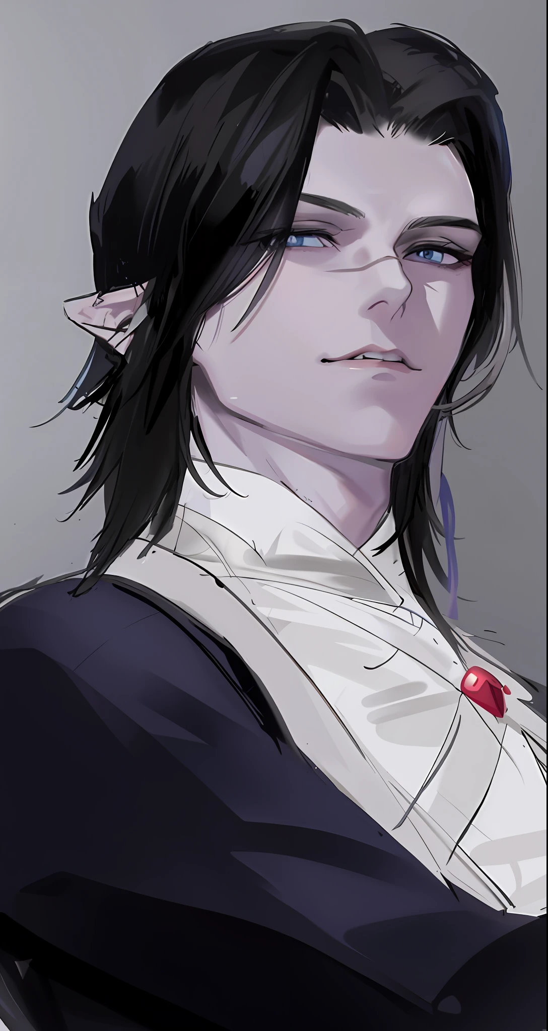 um close up de uma pessoa com um cabelo preto e uma camisa branca, Beautiful androgynous prince, delicate androgynous prince, cara bonito na arte demon slayer, androgynous vampire, handsome japanese demon boy, inspirado em Bian Shoumin, male vampire of clan banu haqim, Arte 2D, 2 d arte, sebastian michaelis