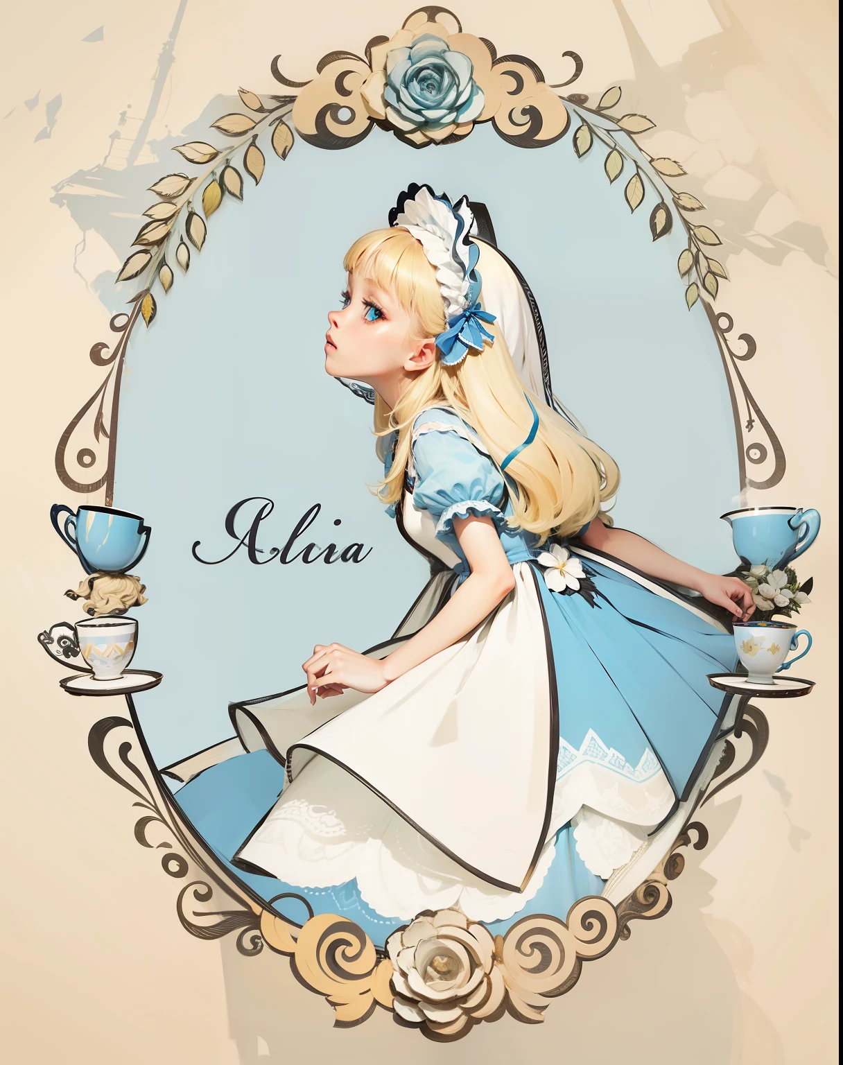 alta qualidade, melhor qualidade, mega high definition, detalhes insanos, obra-prima, altamente detalhado, Alice, menina jovem, menina vestido azul com renda branca, ro, menina com cabelo cacheado, cabelo blond personagem feminino, camafeu, tea chicaras --auto