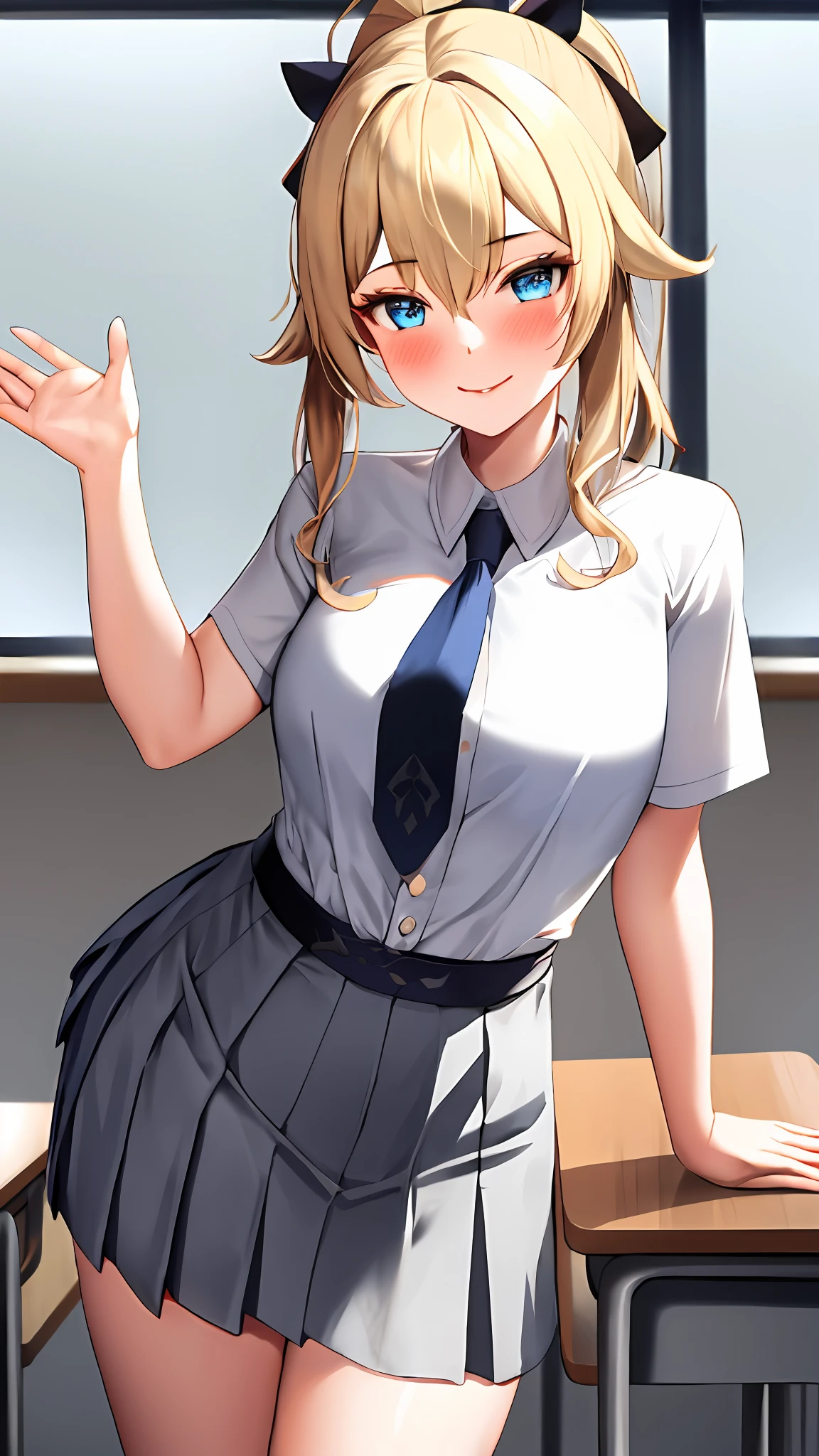 Jean, genshin impact, 1girl, ponytail, white shirt, solo, blue eyes, blonde hair, twintail, smile,  ((masterpiece)), highres, best quality, pleated skirt, face at viewer, look at viewer, ((grey skirt)), grey nectie, grey long nectie, school, indoor, desk, chair, classroom, stocking, blush, shy, sexy pose, grey office nectie, grey pleated skirt, short sleeve, long tie, blush, sexy pose, cowboy shot,