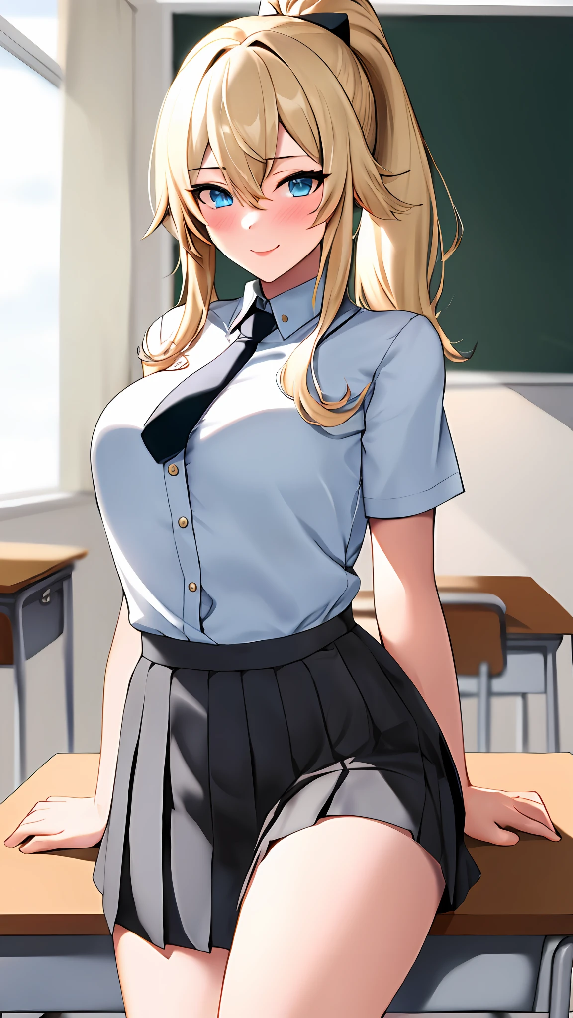 Jean, genshin impact, 1girl, ponytail, white shirt, solo, blue eyes, blonde hair, twintail, smile,  ((masterpiece)), highres, best quality, pleated skirt, face at viewer, look at viewer, ((grey skirt)), grey nectie, grey long nectie, school, indoor, desk, chair, classroom, stocking, blush, shy, sexy pose, grey office nectie, grey pleated skirt, short sleeve, long tie, blush, sexy pose, cowboy shot,