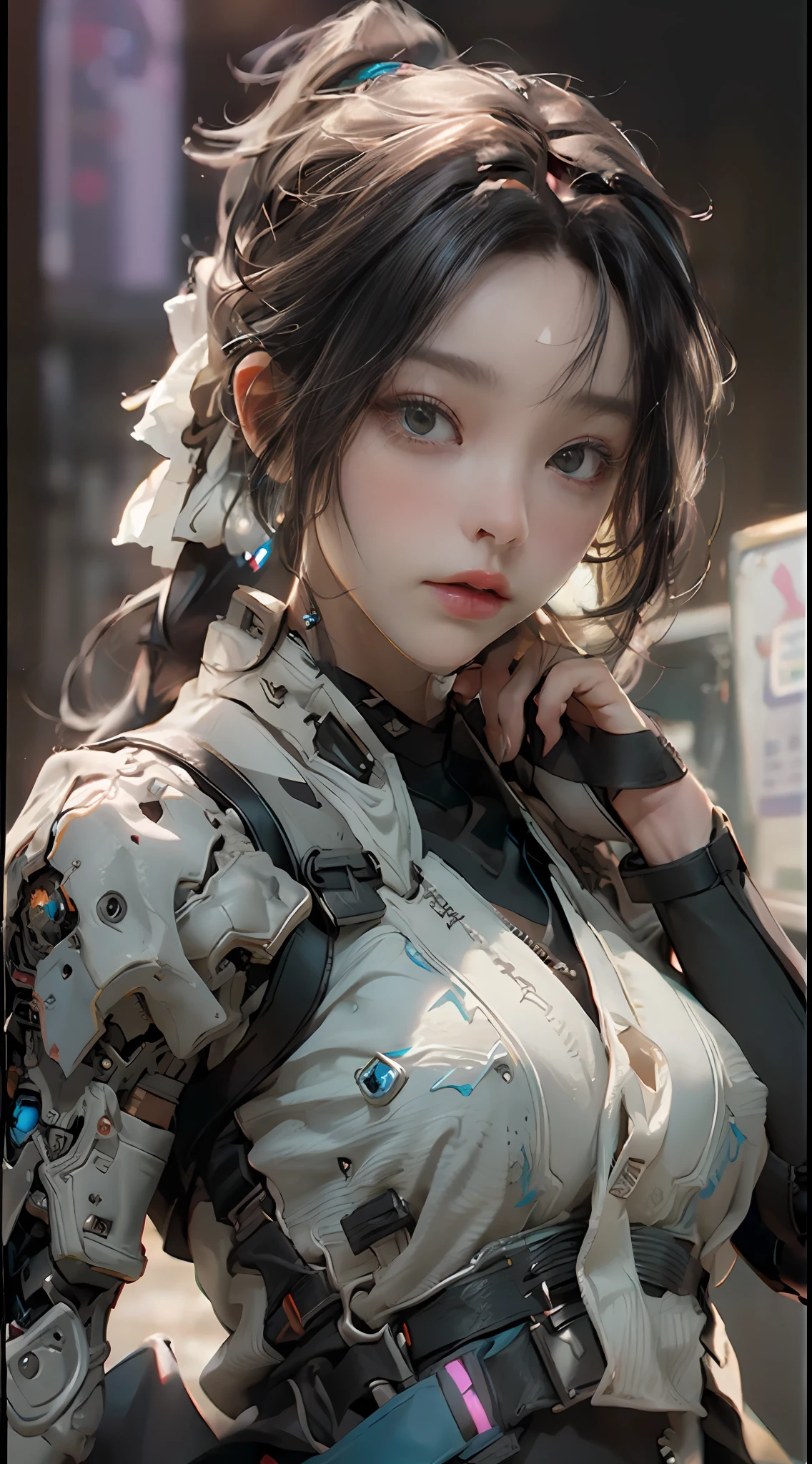 ((Best quality)), ((masterpiece)), (detailed:1.4), 3D, an image of a beautiful cyberpunk female,HDR (High Dynamic Range),Ray Tracing,NVIDIA RTX,Super-Resolution,Unreal 5,Subsurface scattering,PBR Texturing,Post-processing,Anisotropic Filtering,Depth-of-field,Maximum clarity and sharpness,Multi-layered textures,Albedo and Specular maps,Surface shading,Accurate simulation of light-material interaction,Perfect proportions,Octane Render,Two-tone lighting,Wide aperture,Low ISO,White balance,Rule of thirds,8K RAW,