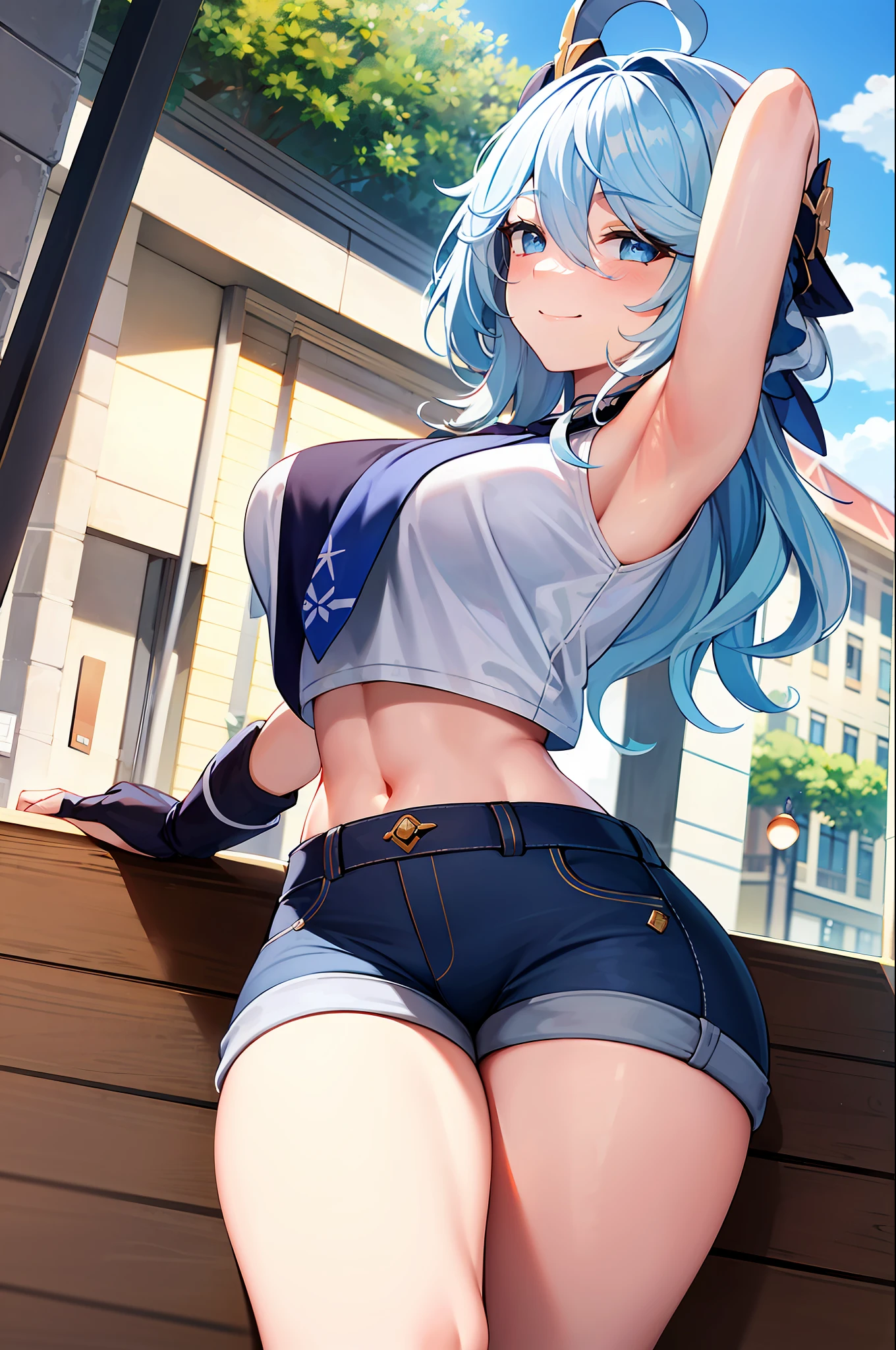 masterpiece, best quality, ultra-detailed), focalors \(genshin impact\), (blue sea hair), swept bangs, braid, braided bangs, blue eyes, blue eyes,
(wearing a t-shirt:1.2), sitting on a chair outside of caf, embracing the natural beauty, sunlight, beautiful cloudy sky, city, street, denim shorts, black stocking,
medium breasts, thick thighs, critical angle, cowboy shot, arm behind head, arm behind back, armpits, light smile, crop top, strong and seductive expressions