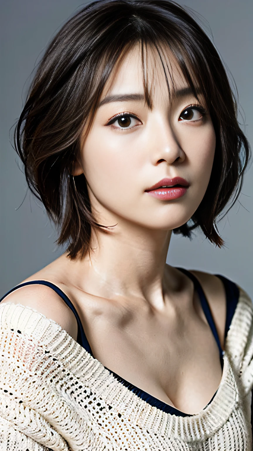 (Best Quality, 8k, 32k, Masterpiece, UHD: 1.2), Japan Beauties, Big, Very Short Bob Hair, Upper Body, Face Focus, Sweater, Simple Background, Watch Viewers