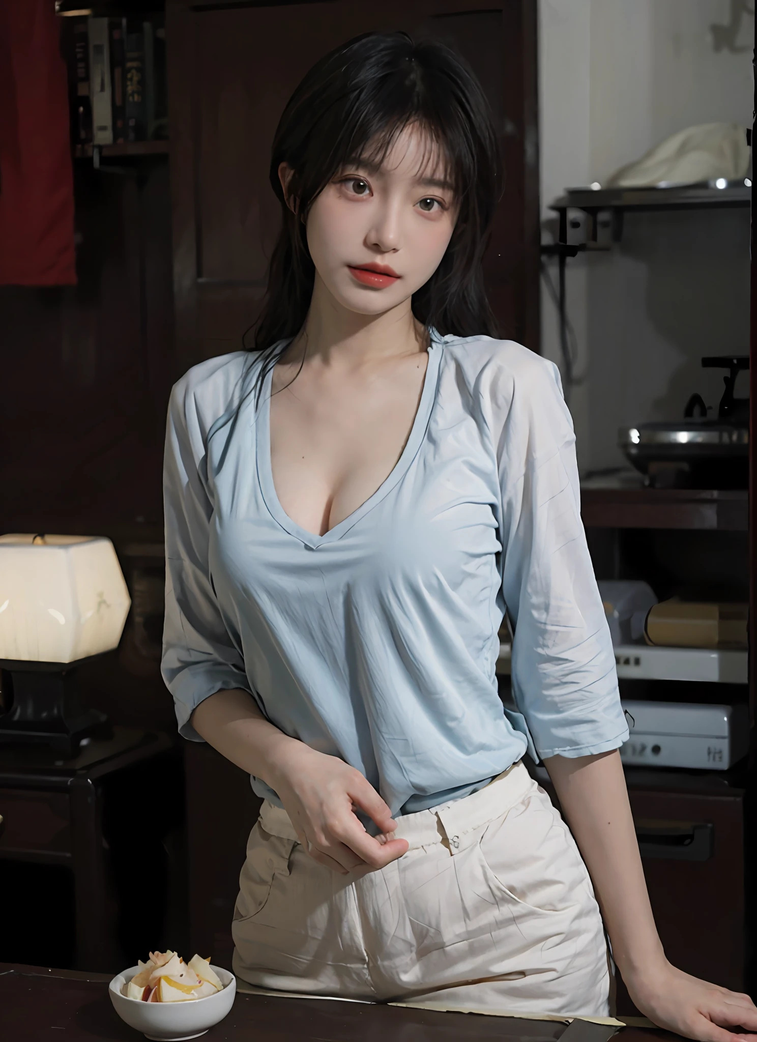 best qualtiy,tmasterpiece,超高分辨率,(realisticlying:1.4),1个Giant Breast Girl,A pair of pure apricot eyes,looking at viewert,Raised sexy,(on cheongsam:1.2),(big cleavage breasts:1.3),(The upper part of the body:1.4)