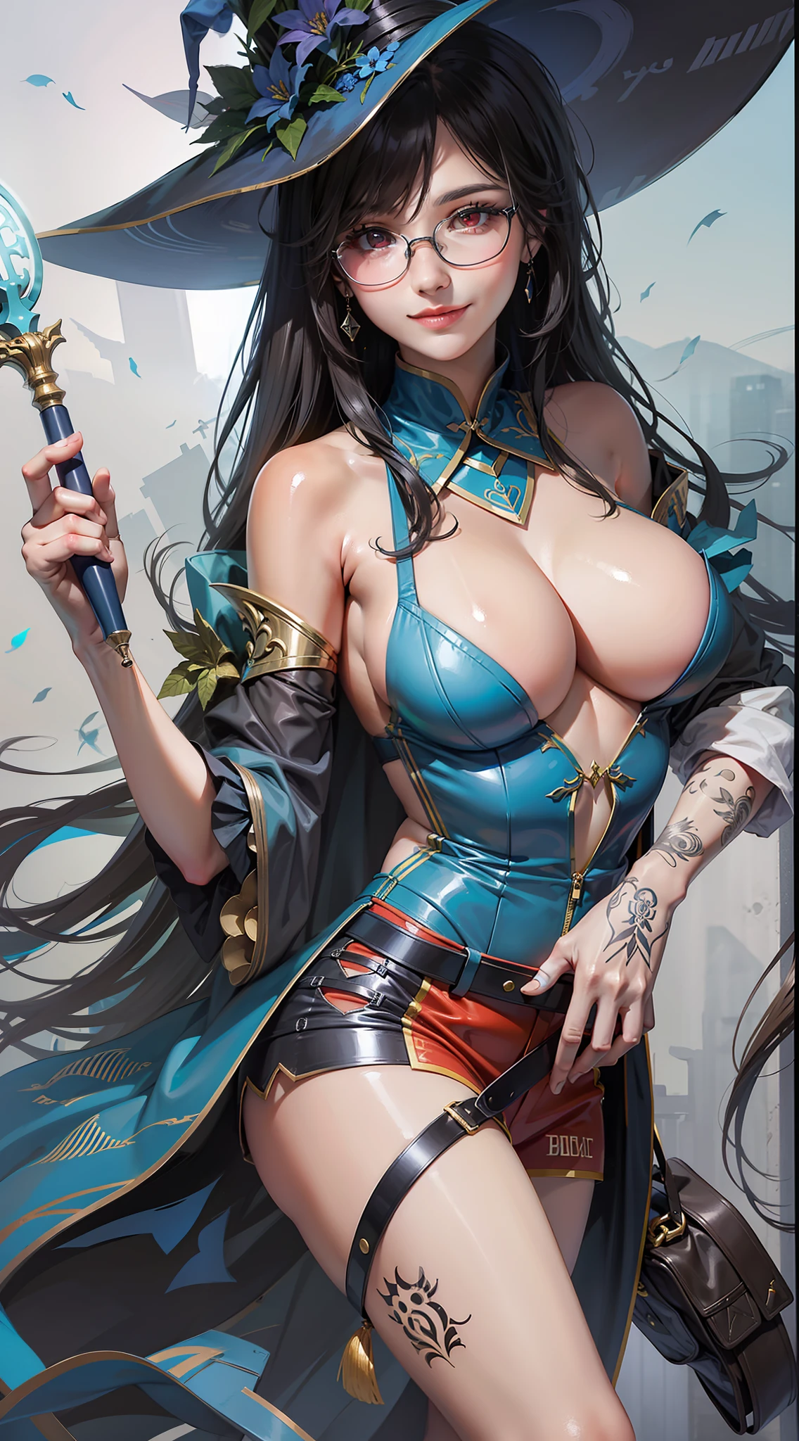 Beautuful Women、Red eyes、the witch、a smile、realisitic、high-level image quality、hightquality、a smile、Russian beauties、Wearing glasses