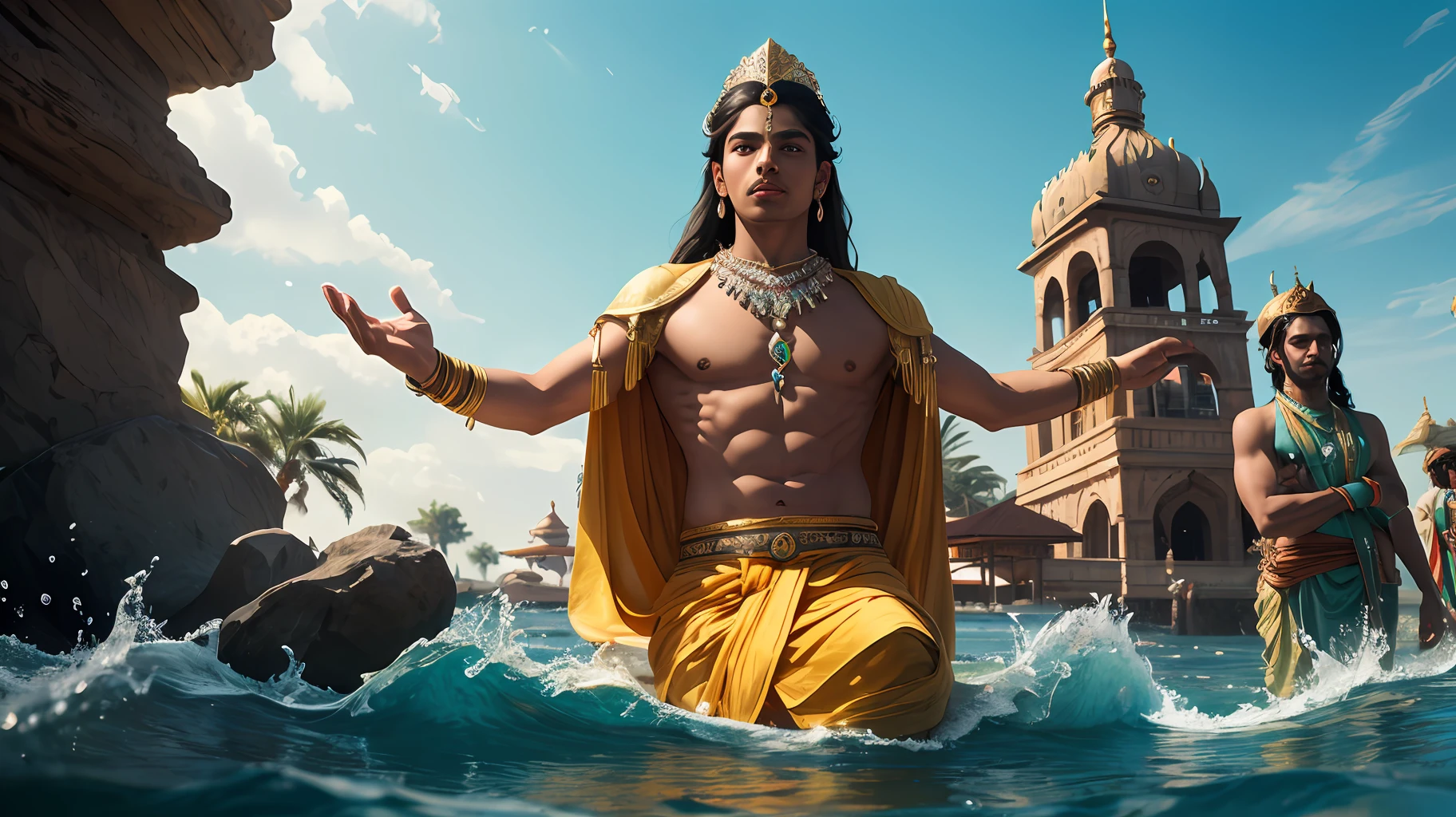 Masterpiece, best quality, (very detailed CG unified 8k wallpaper), (best quality), (best illustration), (best shadow), Oil painting, (masterpiece:1.1), dream like art, Photorealistic, inspired by Raja Ravi Varma, Indian mythology, a God with his arms outstretched, sitting on the ocean of water, vishnu, a man with dark body with bright radiance, with four arms,  His face is adorned with soft eyes like asparagus lotuses, yellow clothes (dhoti), The beauty of the zodiac is scattered from limb to limb, They are the idol of tenderness, His image is coral, emerald and extremely brilliant, the radiant ornament of gem-encrusted gold is like the bright fiber of a lotus, They have earrings in their ears, a crown on their heads and garlands around their necks, background scenery, vanishing point, from below, masterpiece, best quality, 8k, absurdres, water surface, summer, noon, sunlight, blue sky, perspective, depth of field, highres, finely detail, ultra-detailed, sharp focus