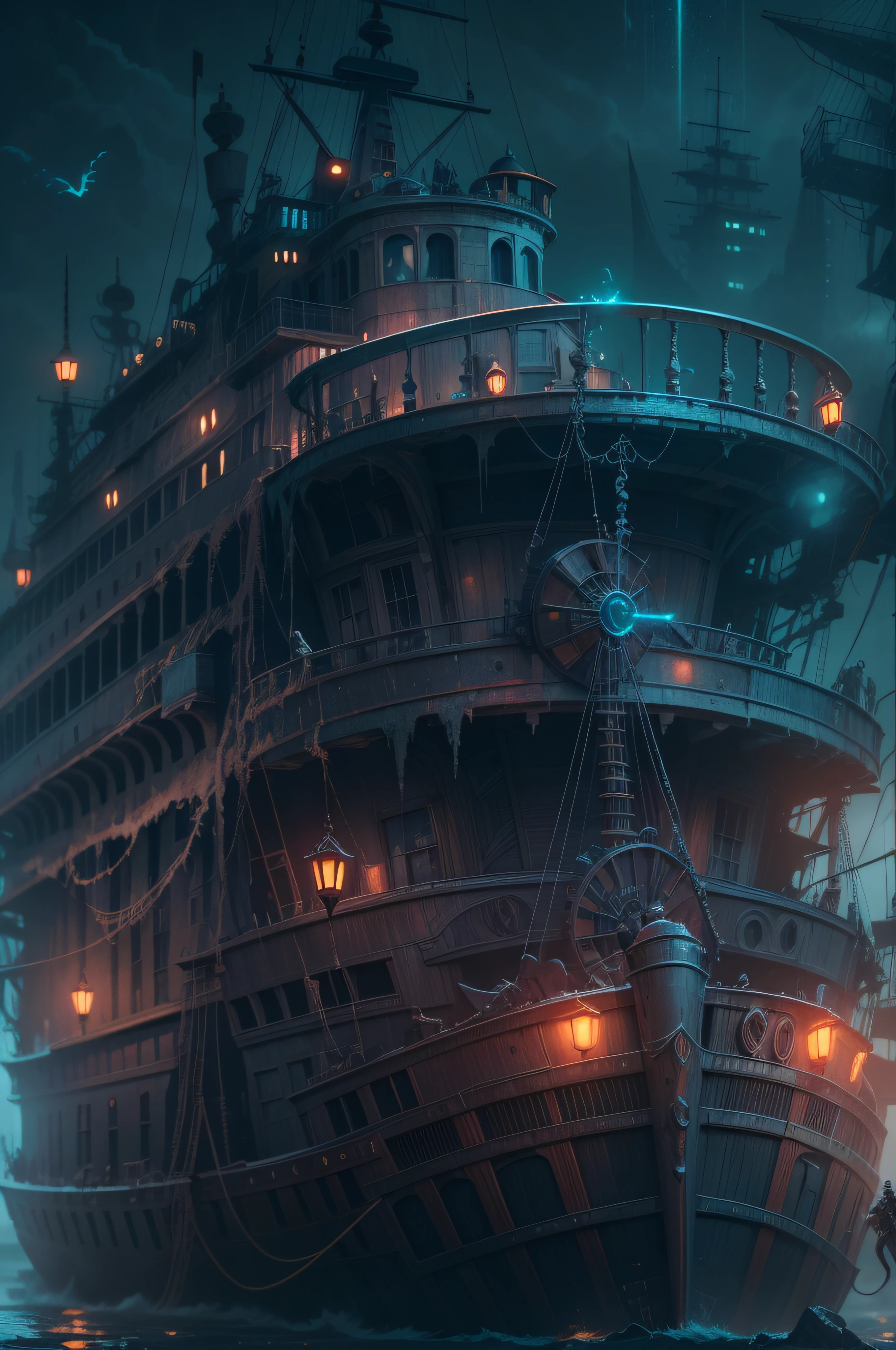 Ultra resolution 8K Illustration of a ghost ship might night, phantoms flying surround, scared, nightmare, hyper detailed, mysterious atmosphere, phantasmal figures, apocalyptic world, digital painting, fantasy, trending in artstation, cinematic lighting, surrealistic, science-fiction, ultra details, neon colors.