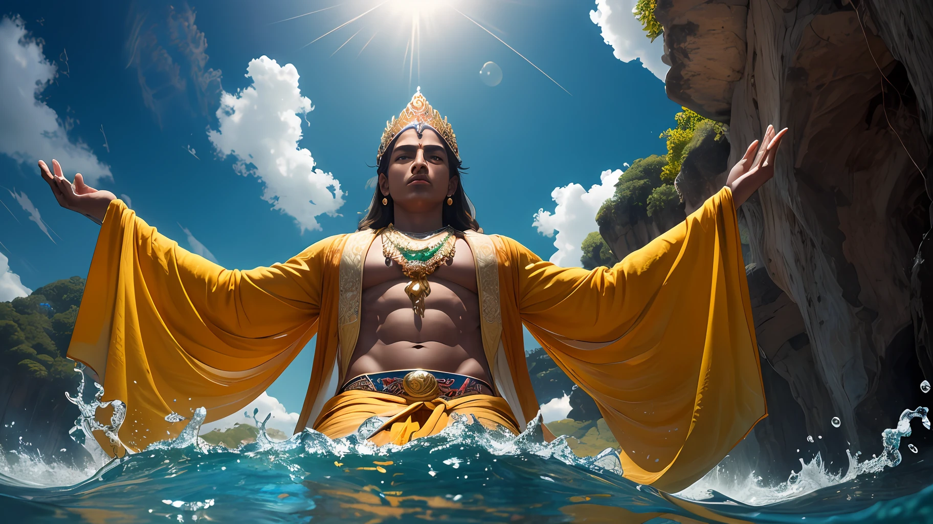 Masterpiece, best quality, (very detailed CG unified 8k wallpaper), (best quality), (best illustration), (best shadow), Oil painting, (masterpiece:1.1), dream like art, Photorealistic, inspired by Raja Ravi Varma, Indian mythology, a God with his arms outstretched, sitting on the ocean of water, vishnu, a man with dark body with bright radiance, with four arms, His face is adorned with soft eyes like asparagus lotuses, yellow clothes (dhoti), The beauty of the zodiac is scattered from limb to limb, They are the idol of tenderness, His image is coral, emerald and extremely brilliant, the radiant ornament of gem-encrusted gold is like the bright fiber of a lotus, They have earrings in their ears, a crown on their heads and garlands around their necks, background scenery, vanishing point, from below, masterpiece, best quality, 8k, absurdres, water surface, summer, noon, sunlight, blue sky, perspective, depth of field, highres, finely detail, ultra-detailed, sharp focus