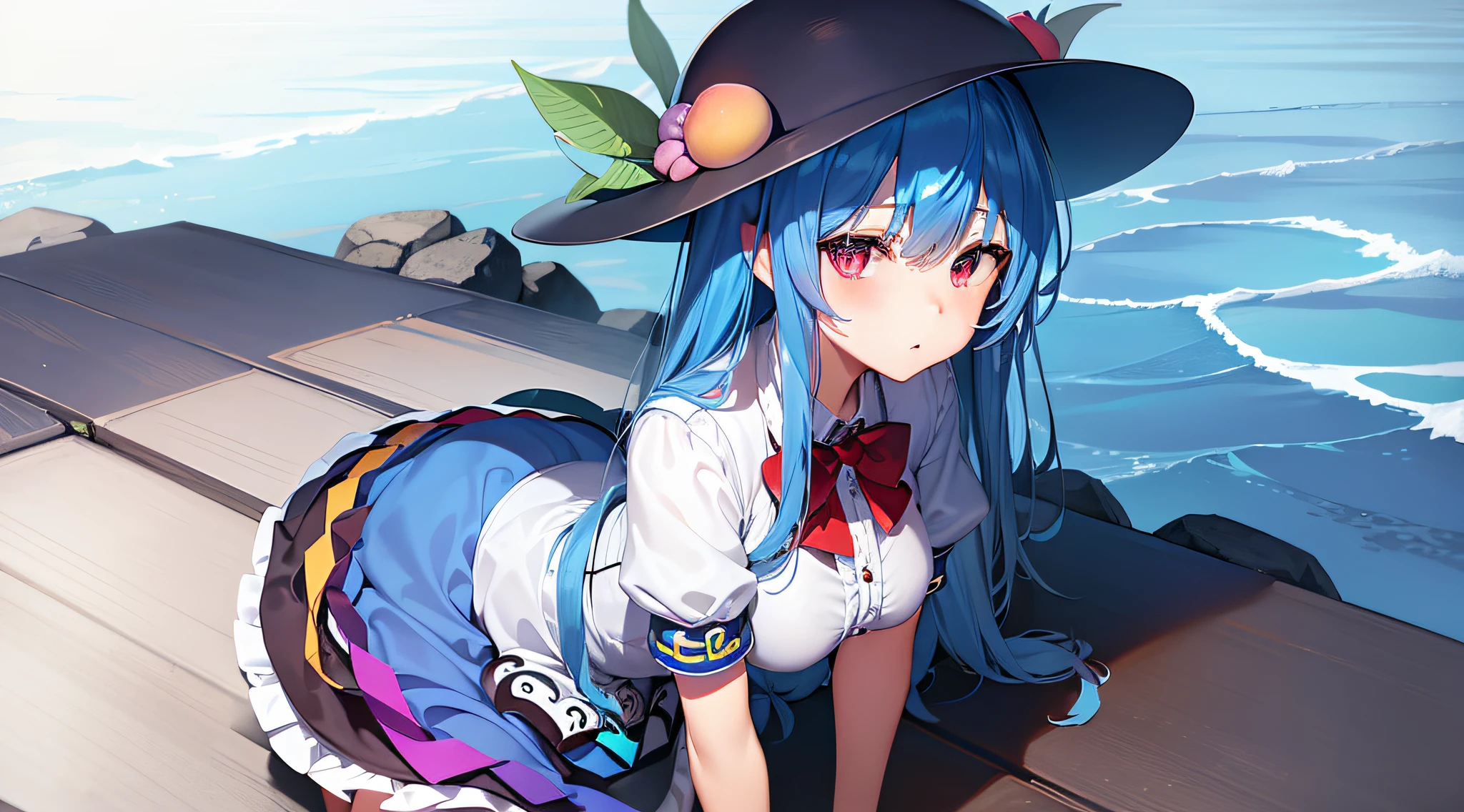 ((Tenshi Hinanawi)), Blue hair, (big breasts), look at viewer, sexy, sea background, ((mature female)), (((best quality))), (((High resolution)))