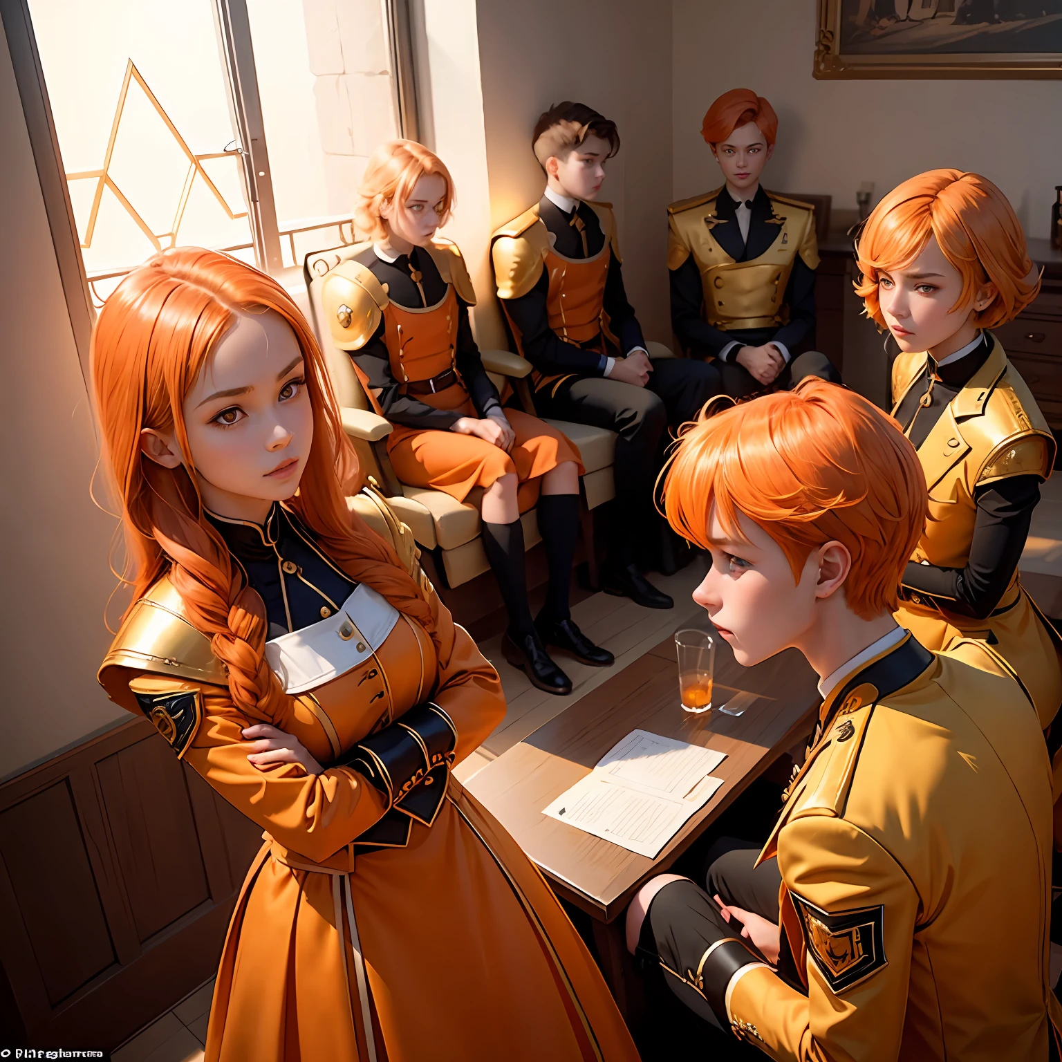 A group of 15-year-olds in training trained in ilera have orange hair and orange eyes and wear elegant gold etiquette suits..